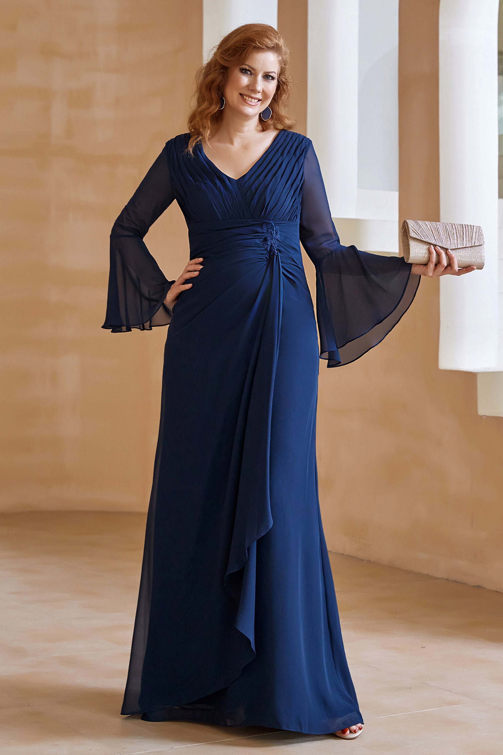 Chiffon V-Neck Slit Sleeve Sheath Evening Dress Black main image 1