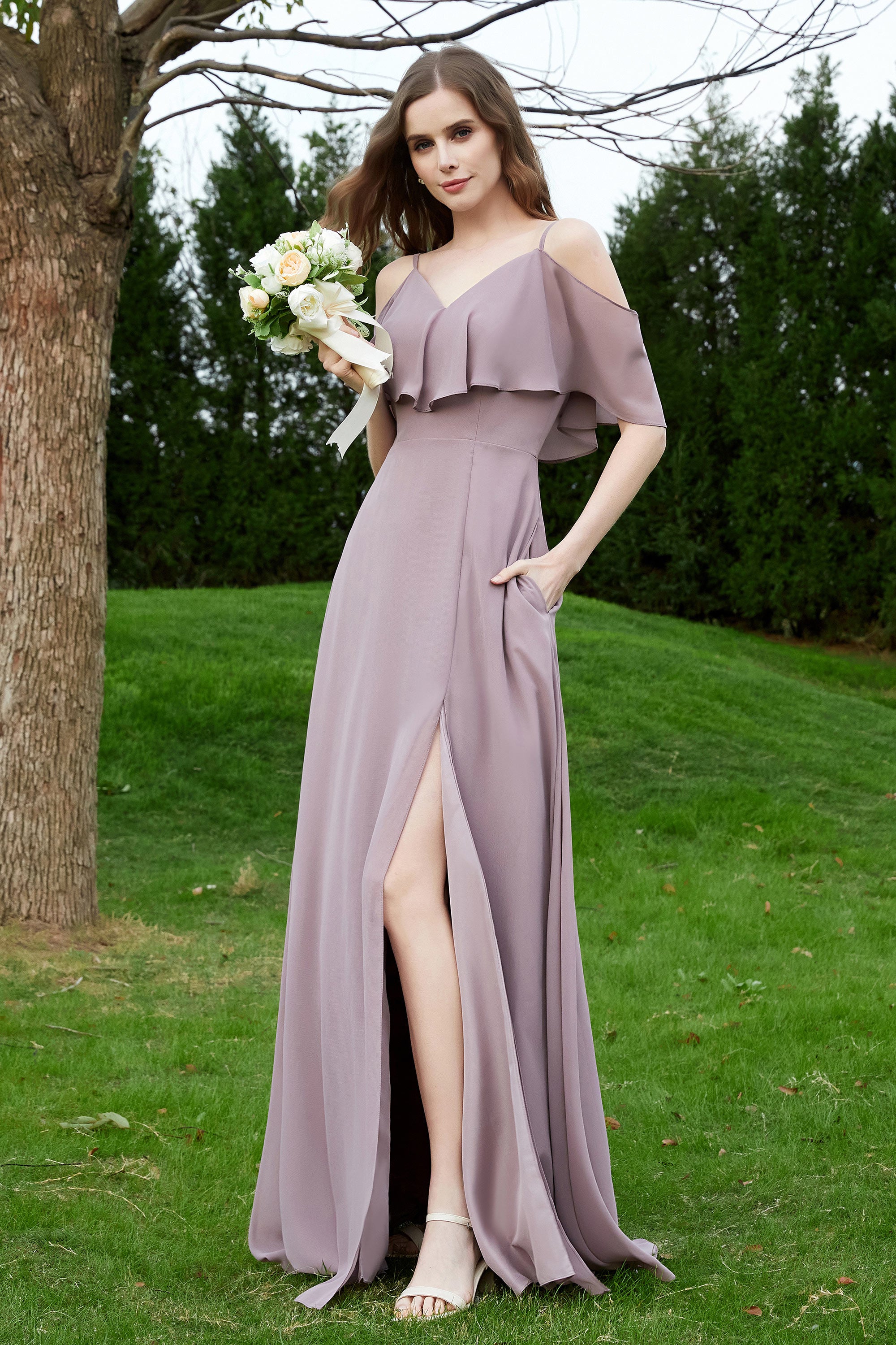 A-line Flutter Sleeves Chiffon Pleated Dress Dusty Sage