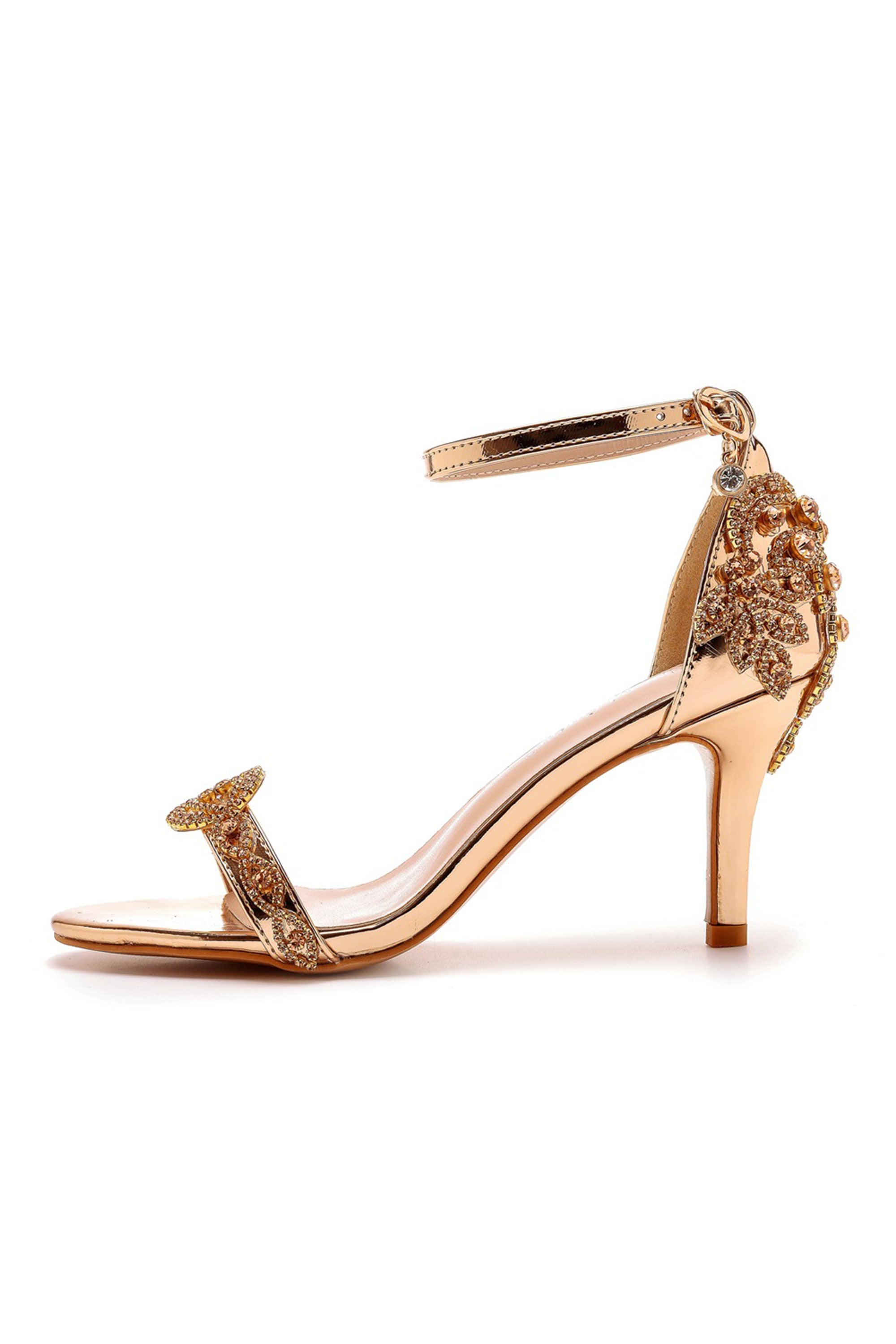 Duntery Sophisticated Champagne Gold Rhinestone Peep Toe Ankle Strap Sandals, Champagne / US7/EU38/UK5, image size:2000x3000