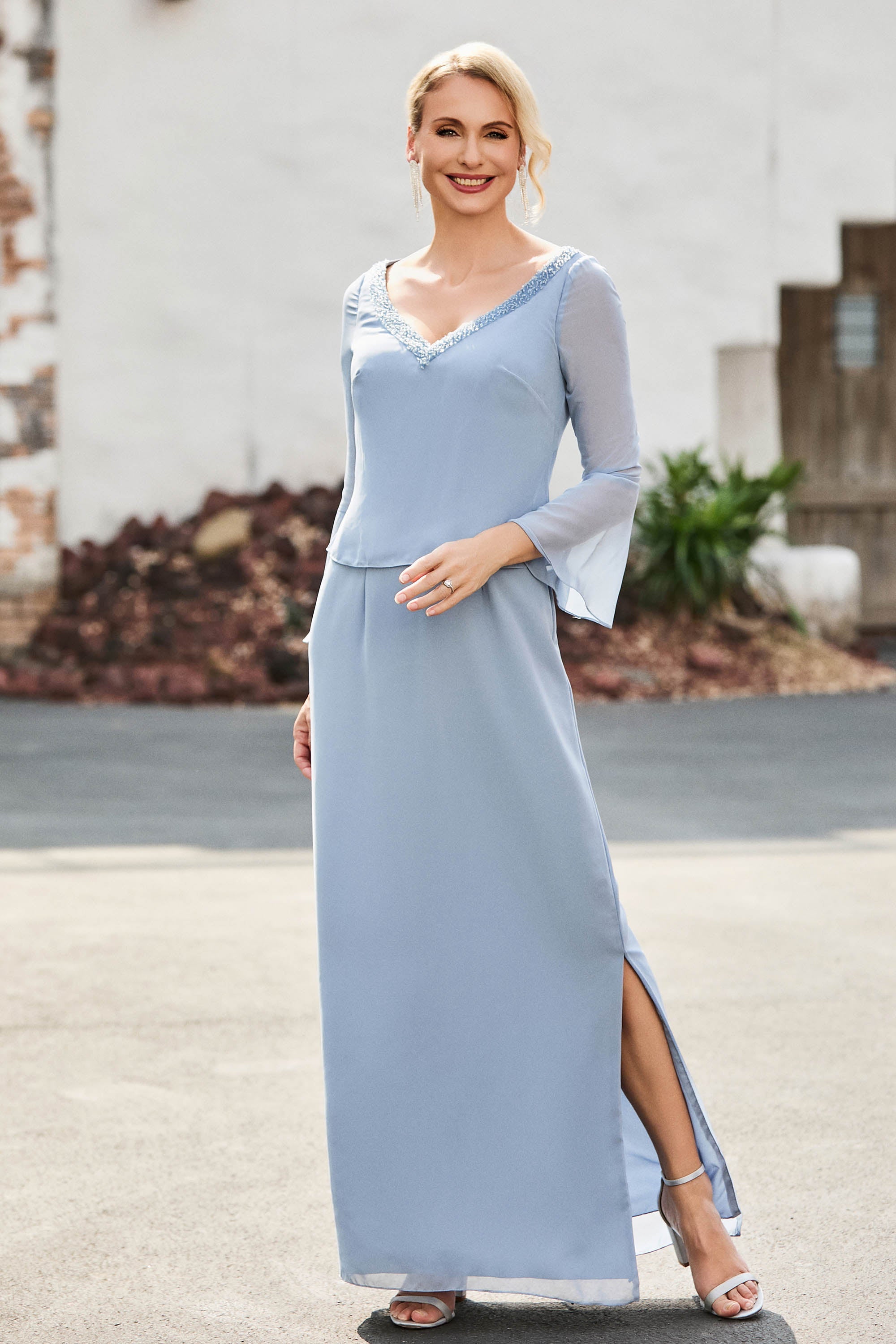 3/4 Sleeves Pleated V-neck Sheath Long Dress With Slit Dusty Rose main image 1