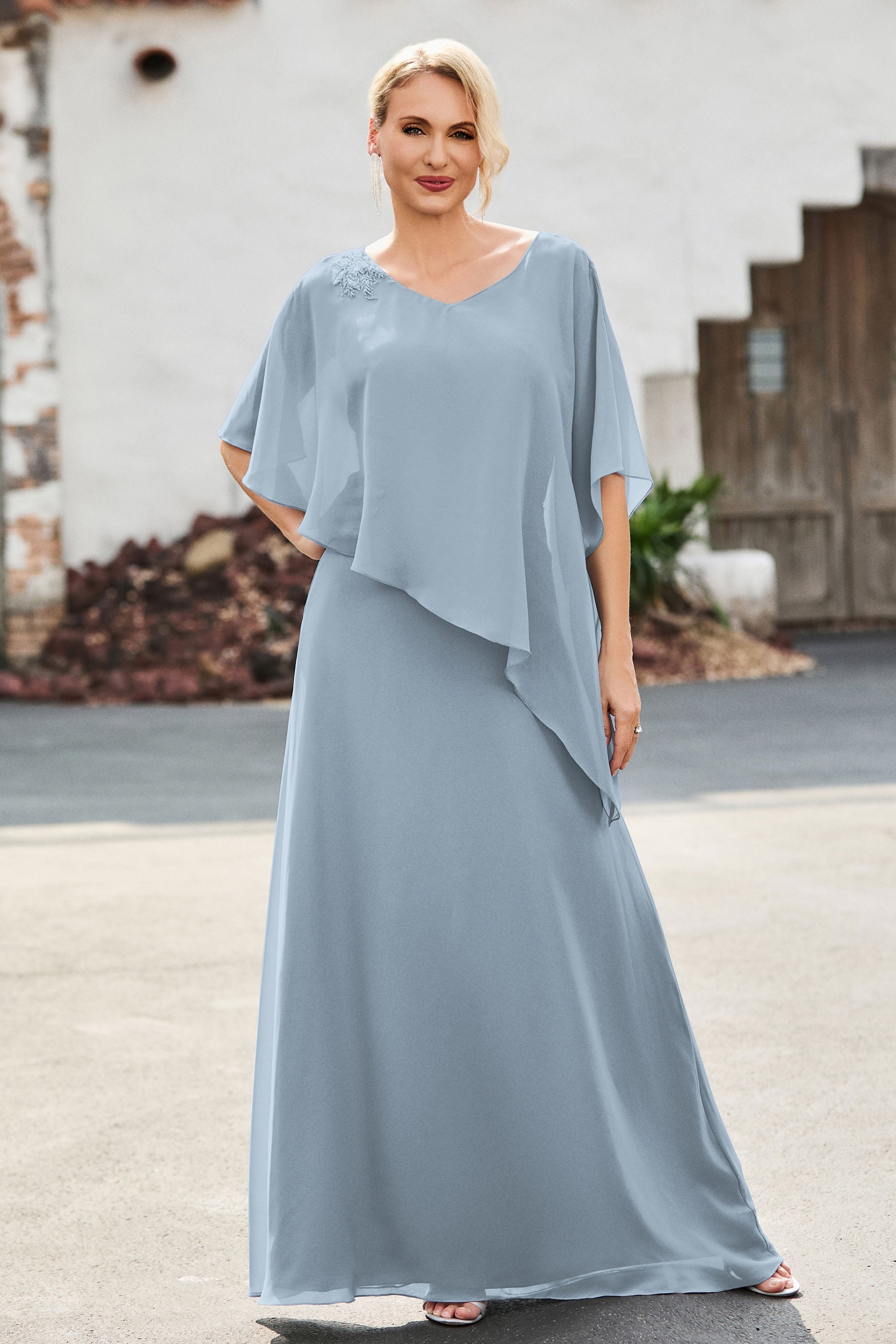 Stone Blue V-Neck Flutter Sleeve Maxi Dress with Ric-Rac