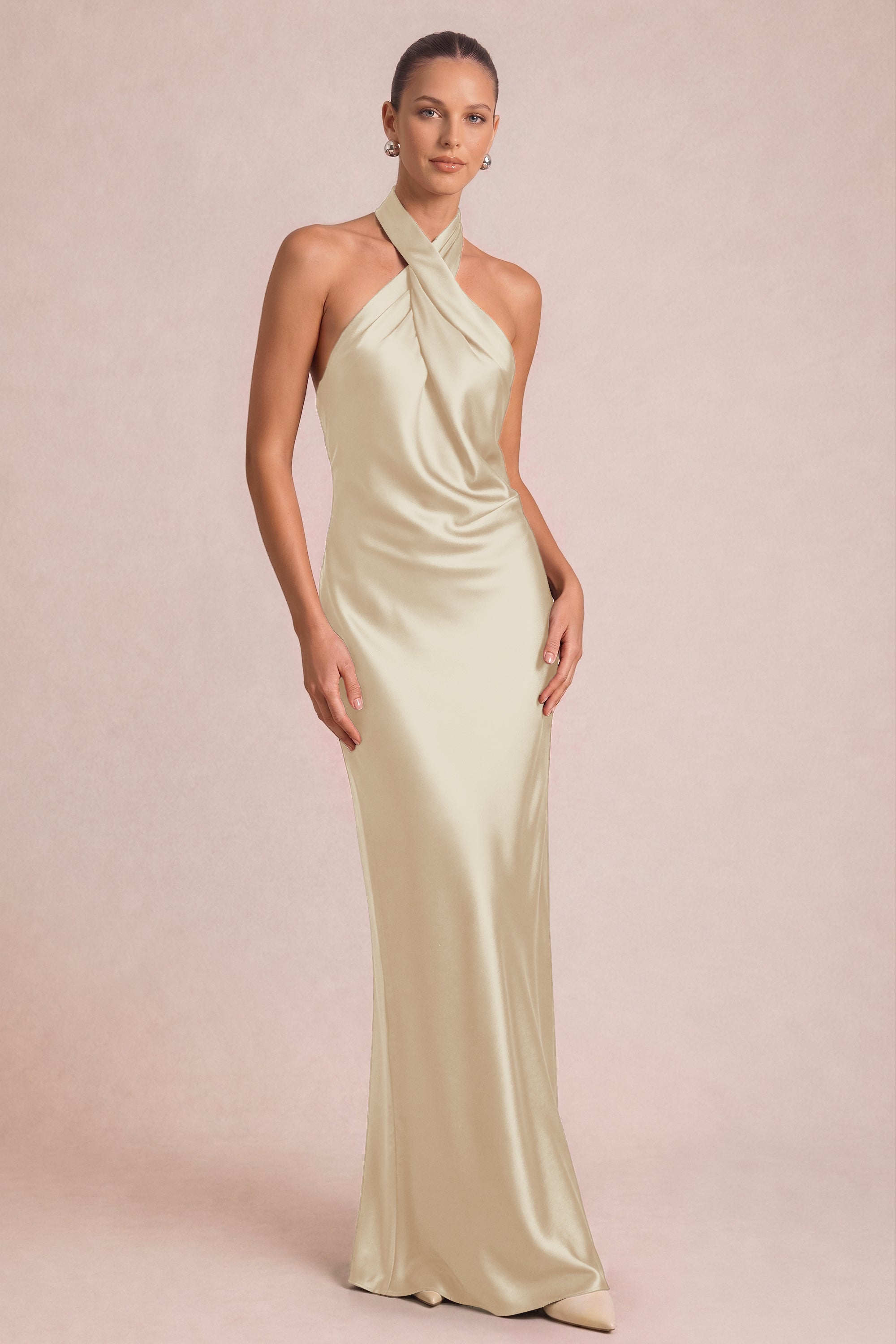 neutral evening dress Shiny Satin Halter Neck Size:Size 31 (US 13) 18 Plus-Size Rehearsal Dinner abaya_maxi_dress Detachable sheer hanging sleeves