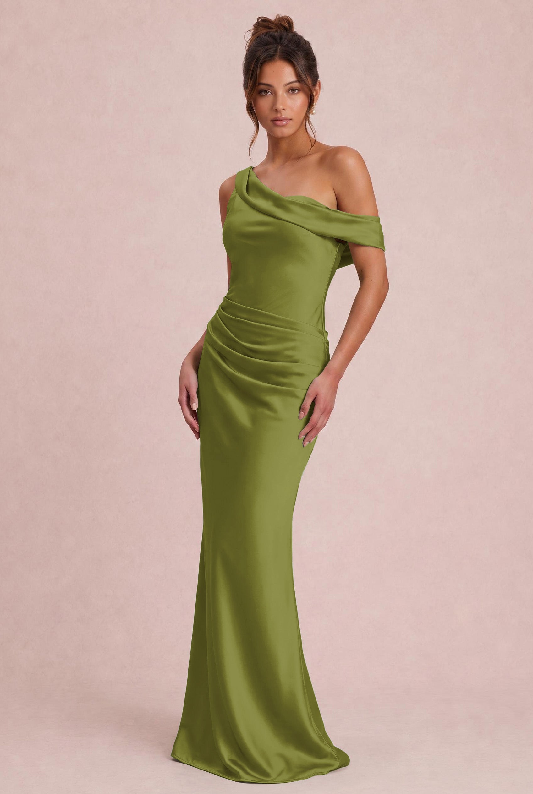 matte satin olive green bridesmaid dress One Shoulder Formal Contemporary Herve Leger Bone breastfeeding dress Select Size:JUMBO The Jennie Matte Satin