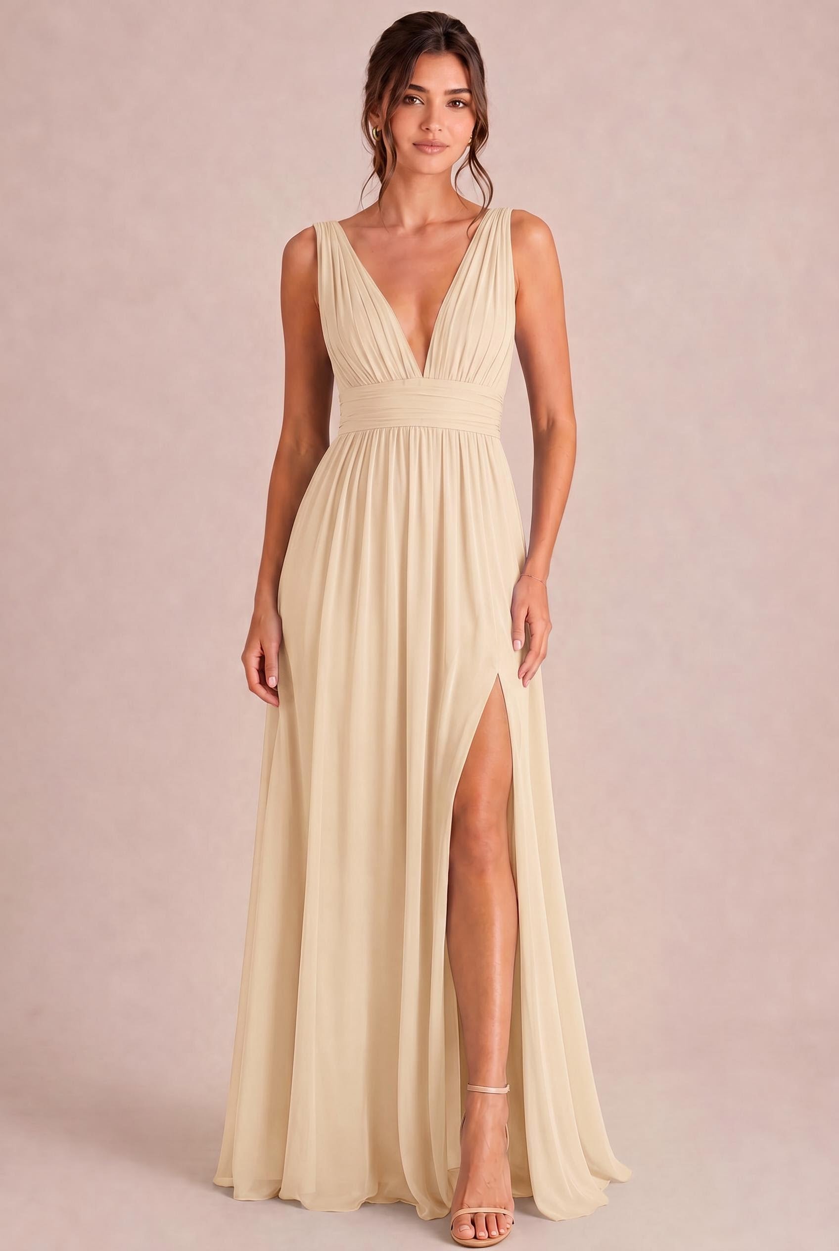 neutral chiffon dress Birdy Grey Mira Chiffon Dress in Neutral Champagne Bridesmaid Dress