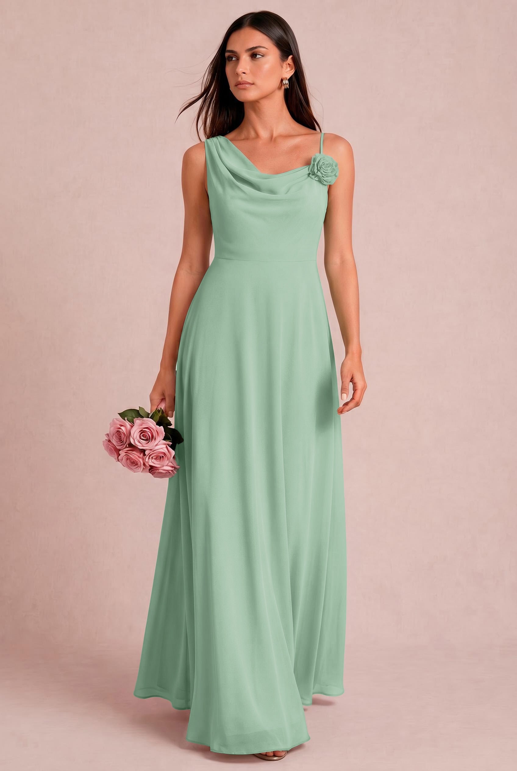 A-Line Chiffon Cowl Neck Bridesmaid Dress