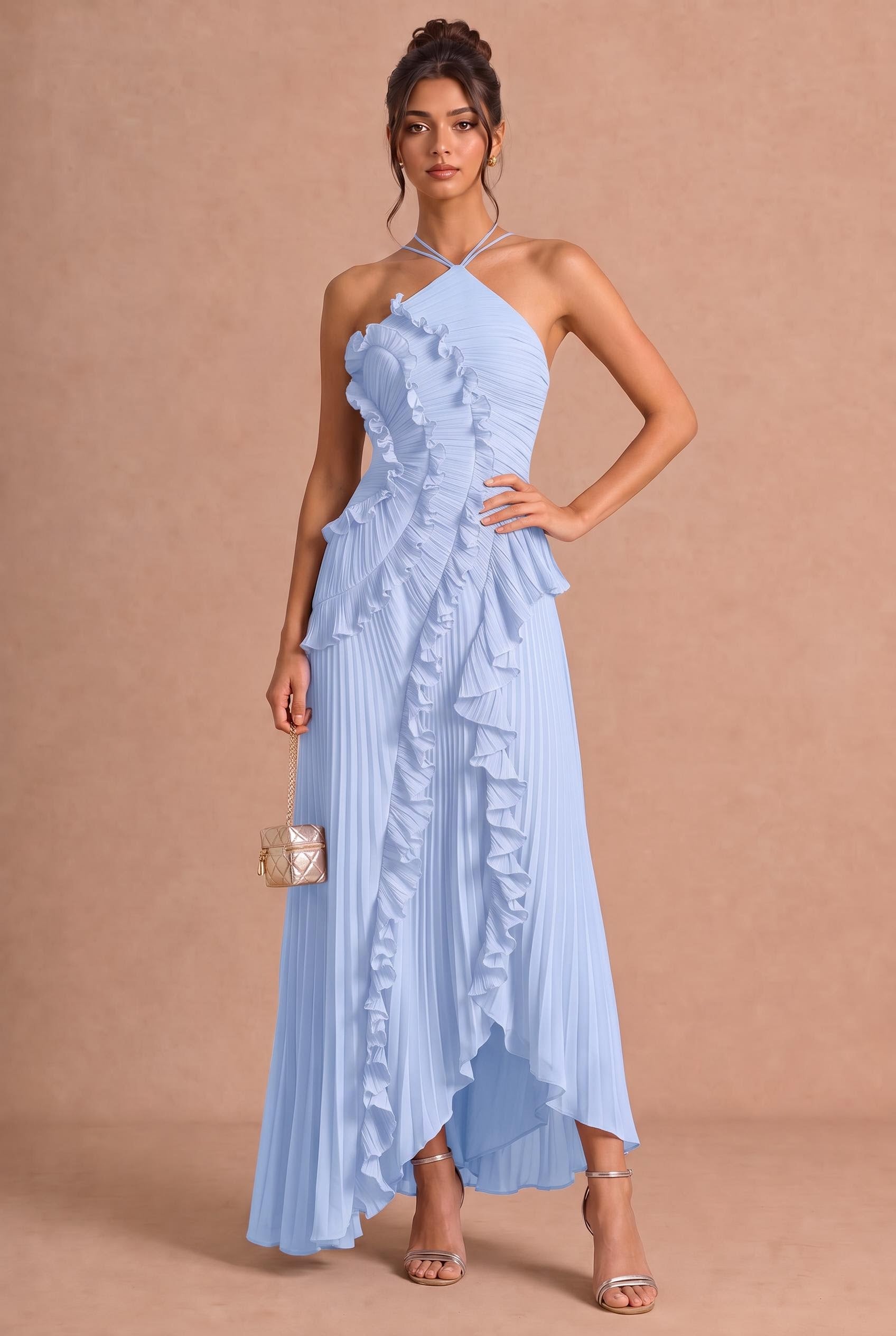 Halter Chiffon Pleated A-Line Maxi Dress – DUNTERY