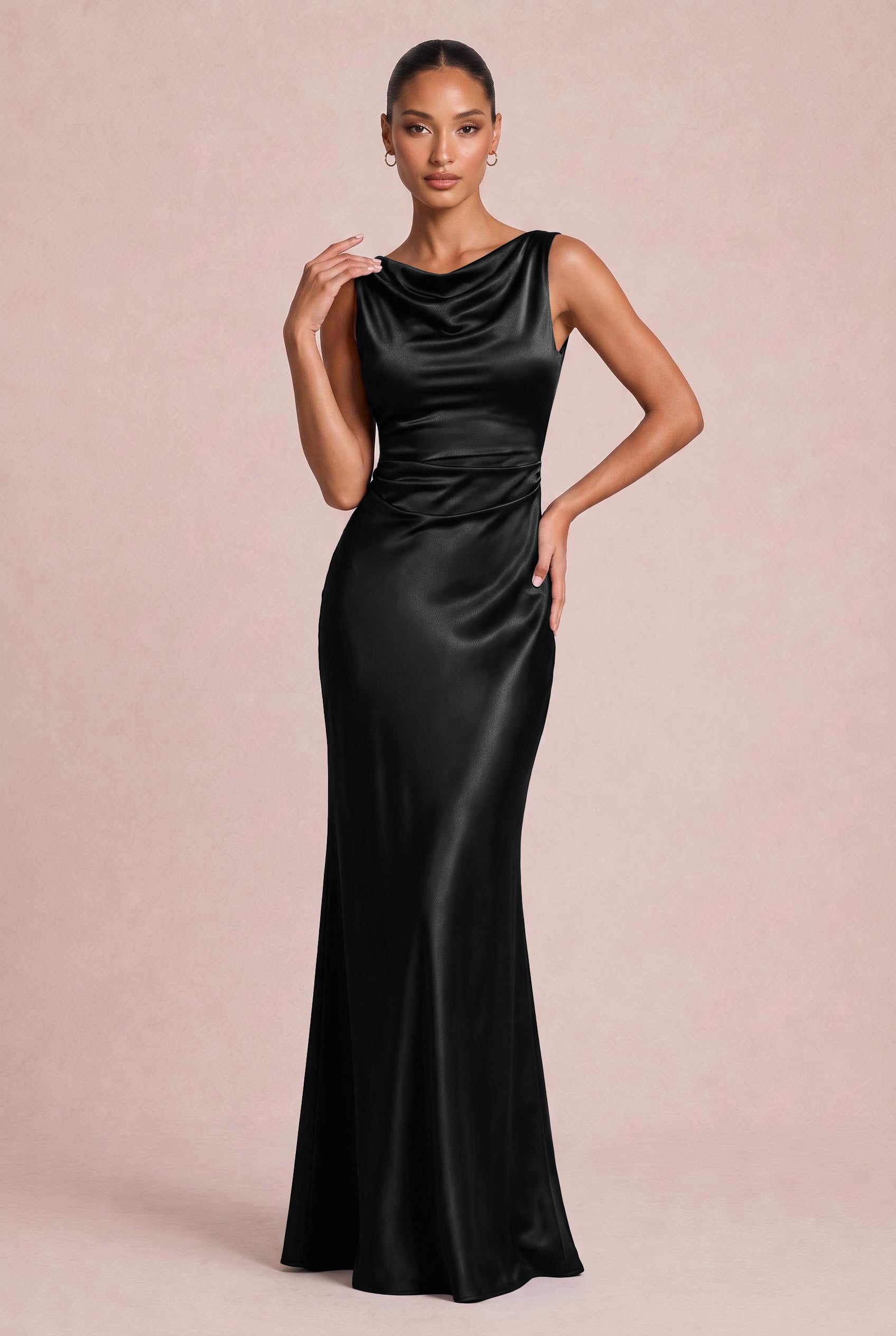 Shiny Satin Cowl Neck Bridesmaid Dress