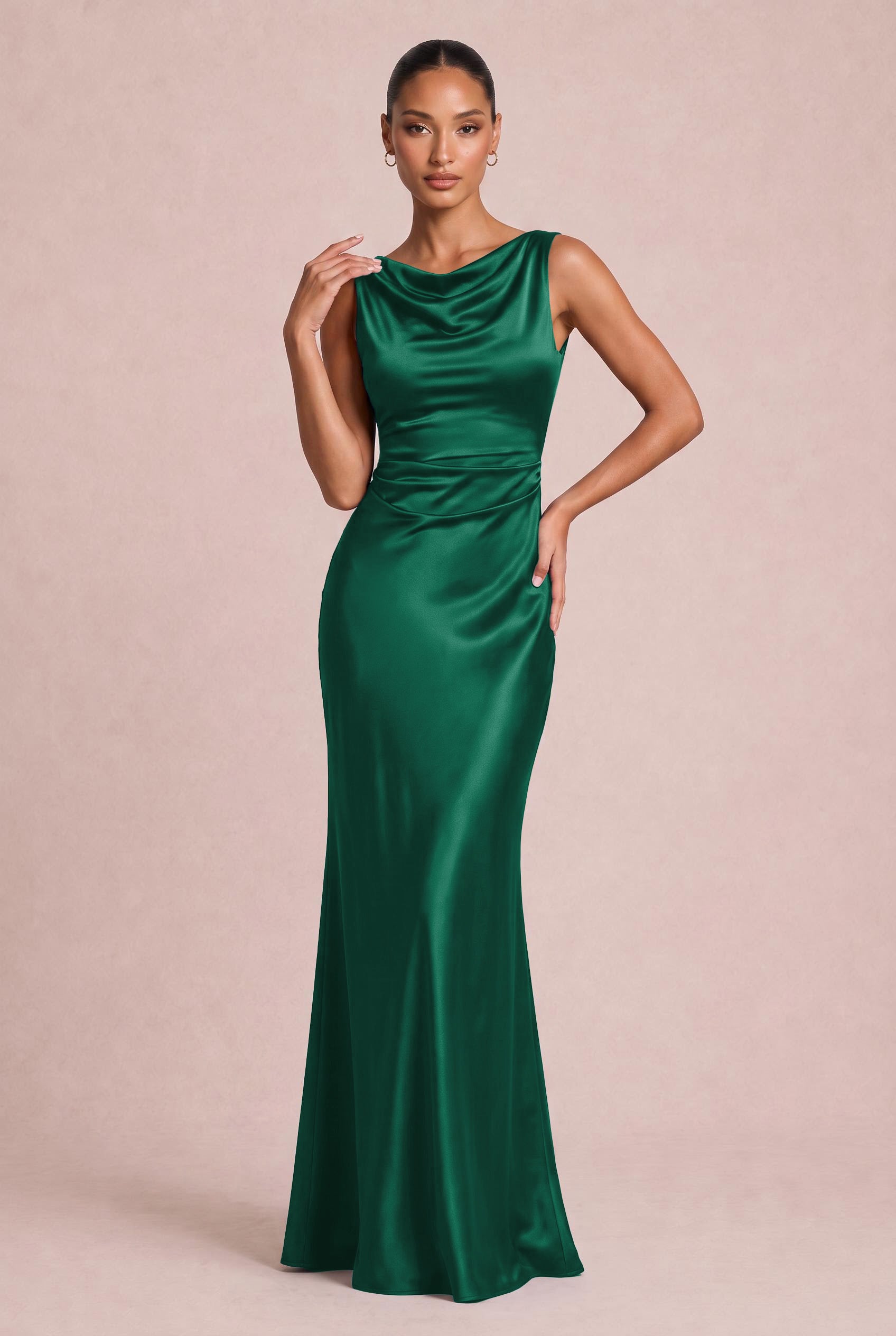 Shiny Satin Cowl Neck Bridesmaid Dress