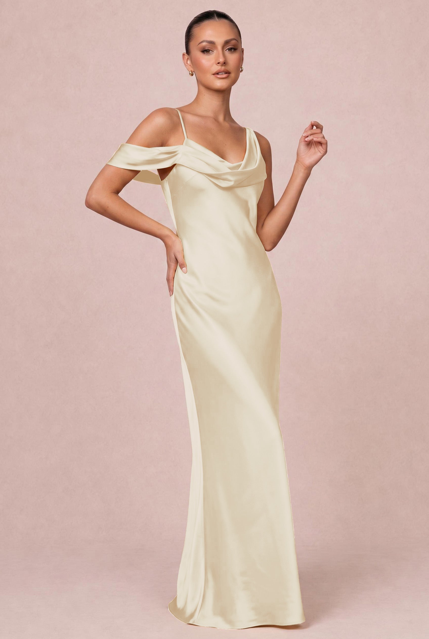 cream satin bridesmaid dress Cowl Neck Maxi a large full volume