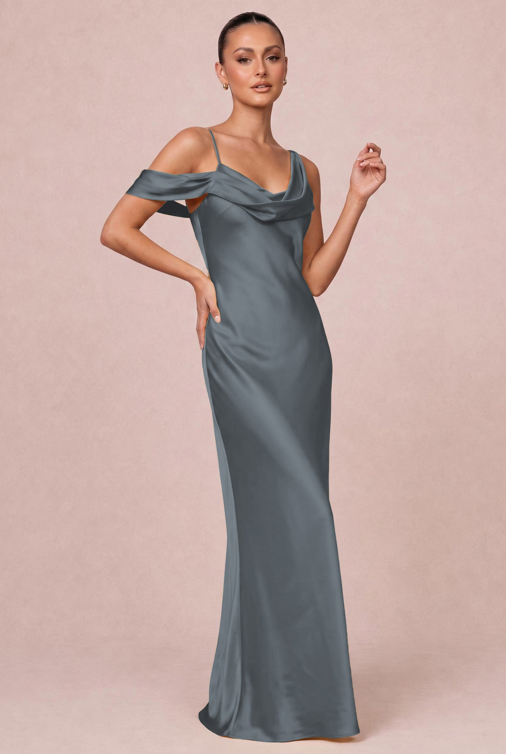 steel grey maxi dress Satin Cowl Neck lace-up back prom dress