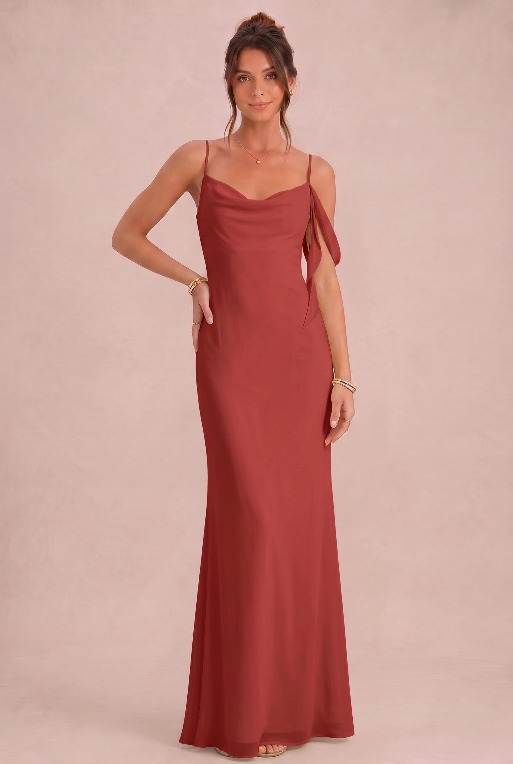 Chiffon Cowl Neck Sheath Bridesmaid Dress
