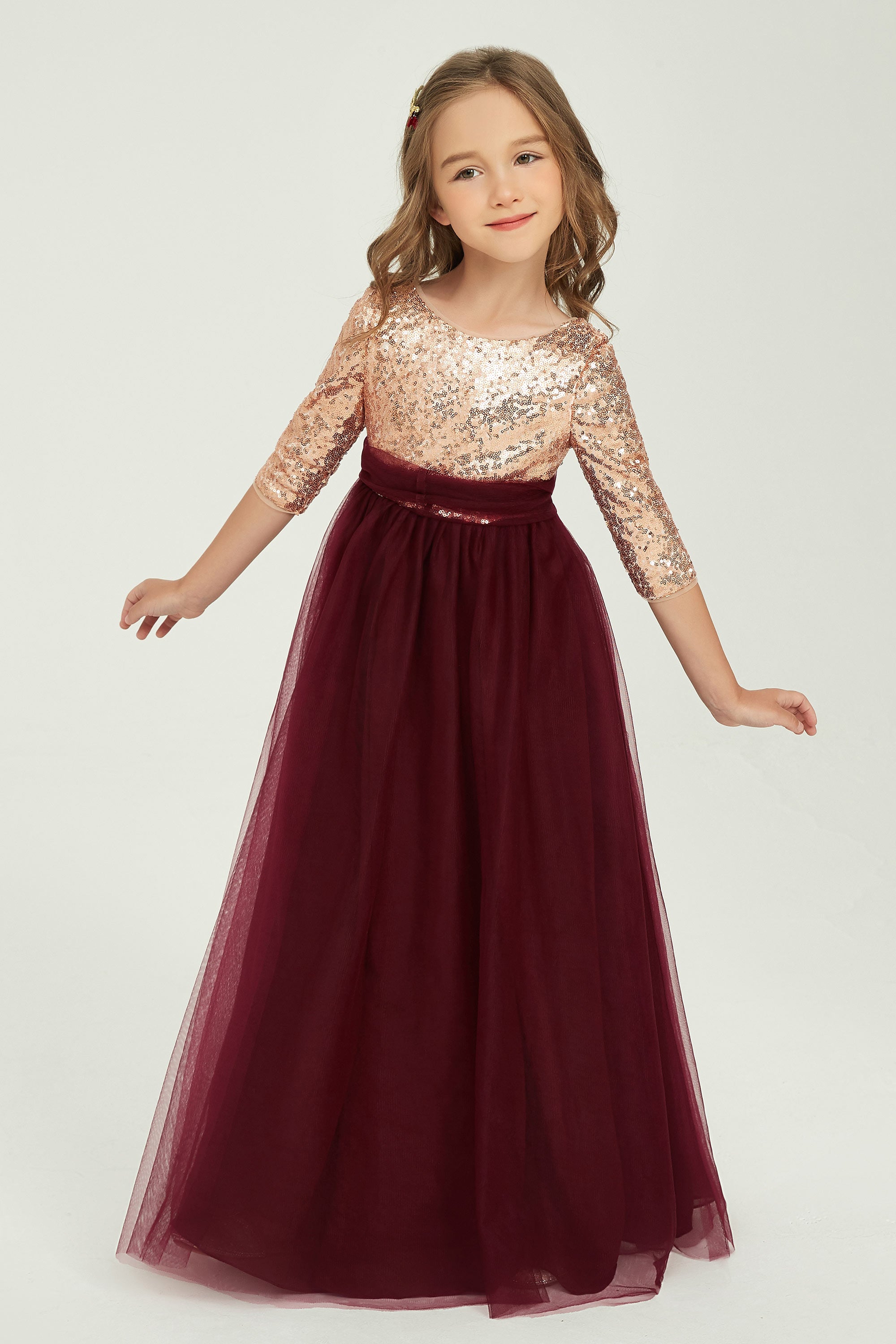 Long Tulle Junior Bridesmaid Dress Sequins Top Scoop 3/4 Sleeves – DUNTERY