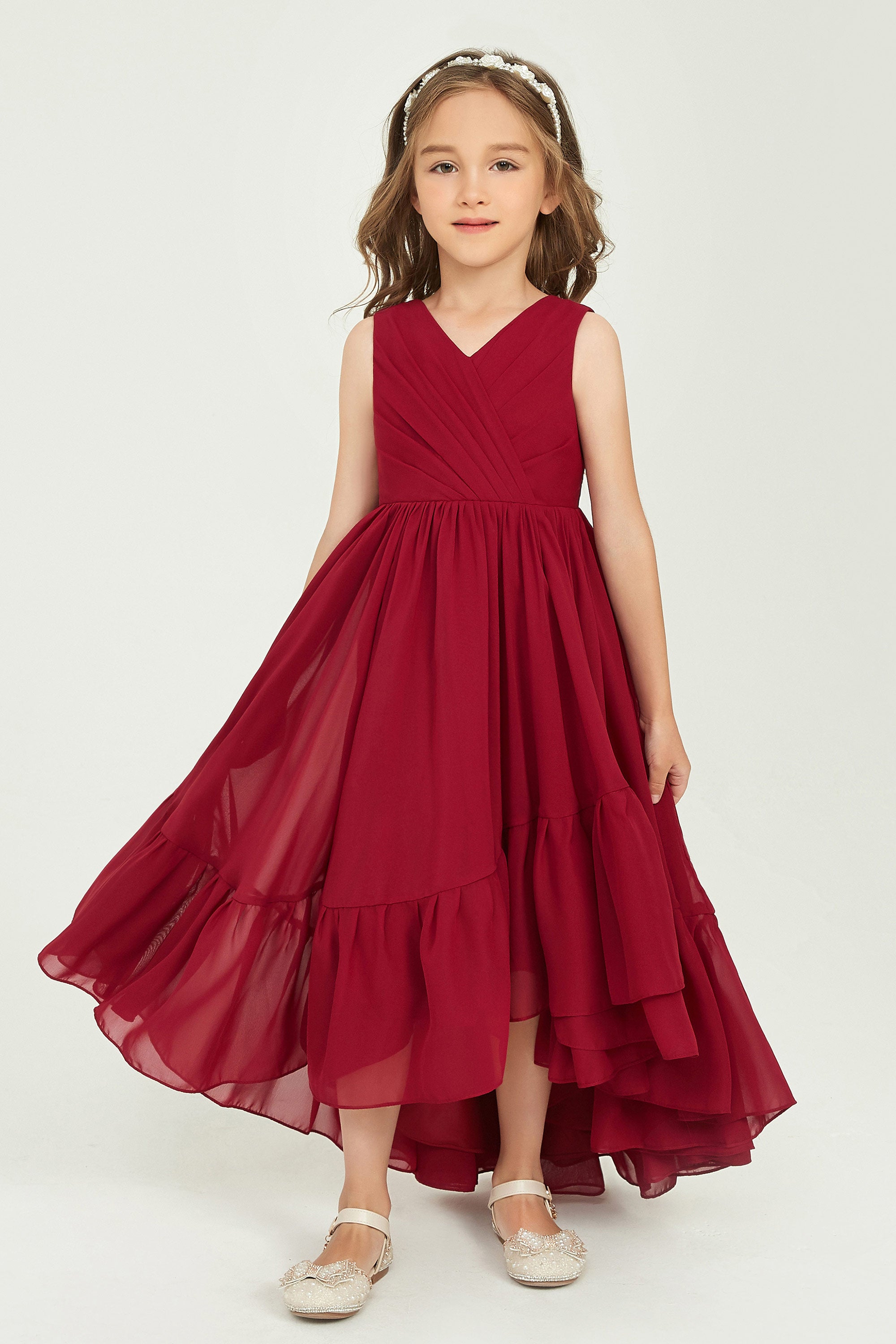 Flutter Sleeves V-neck Asymmetrical Junior Bridesmaid Dresses Pool