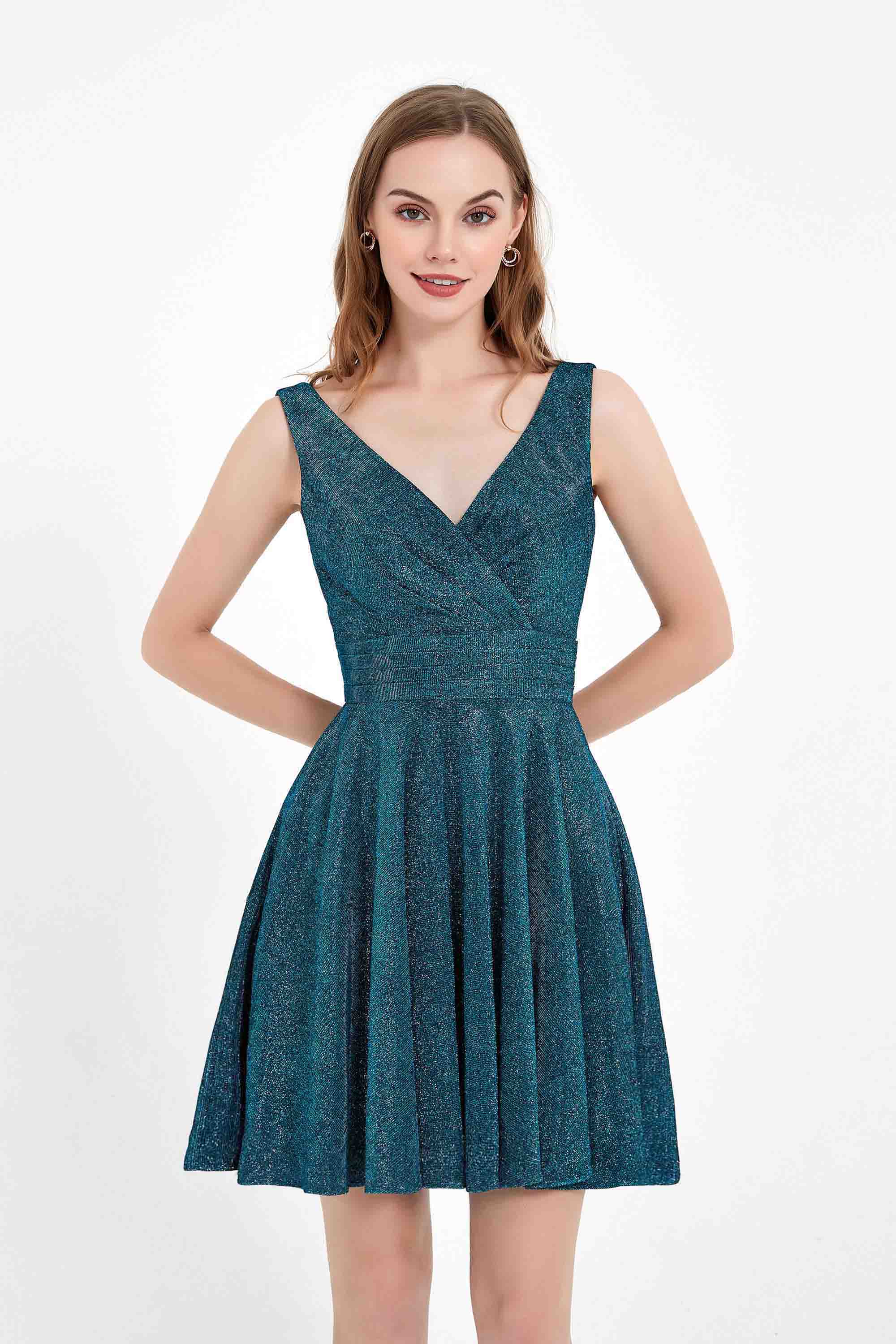 Vneck Glitter Short Dress With Pockets DUNTERY