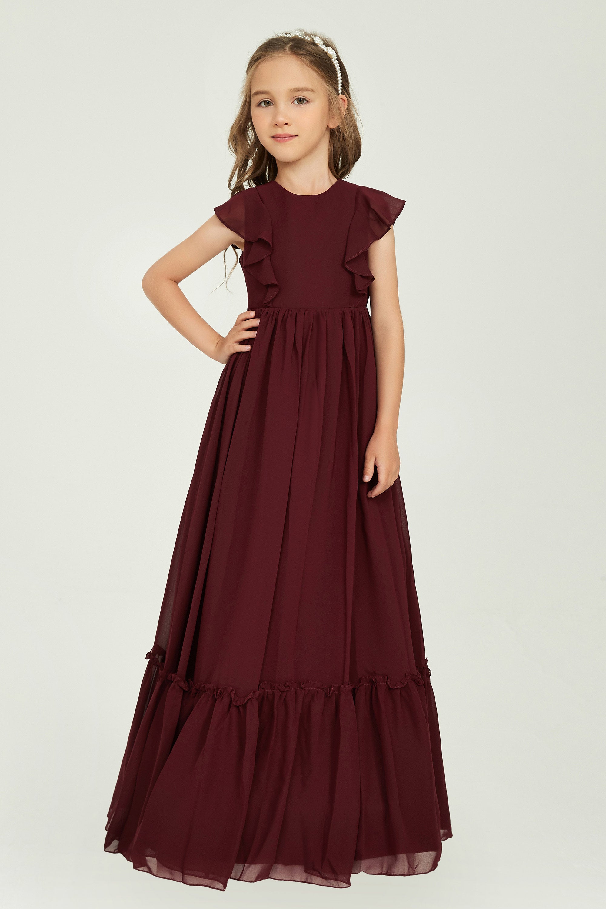 Flowy Chiffon A-Line Long Junior Bridesmaid Dresses Dark Green main image 0