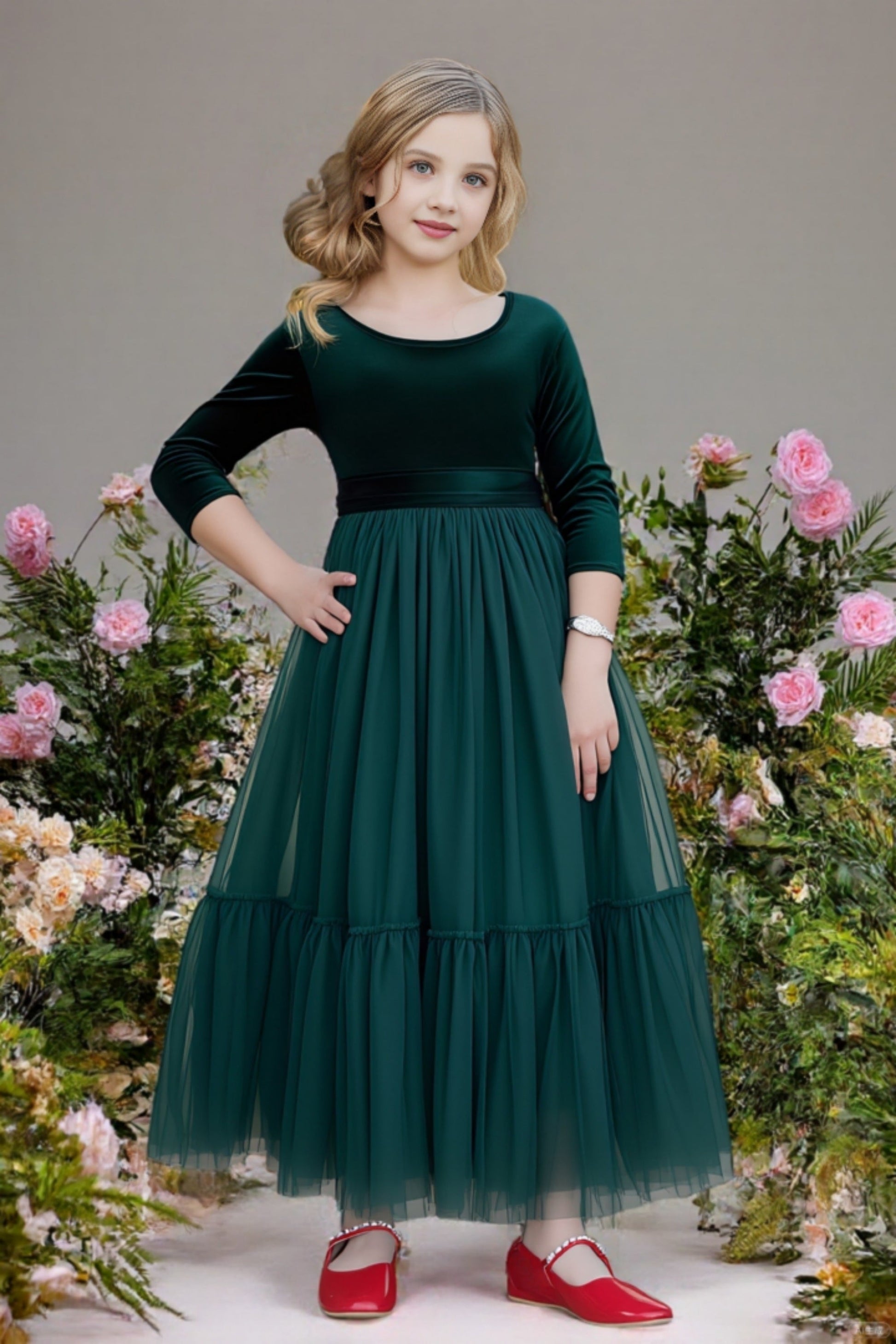 Duntery 3/4 Sleeves Velvet Tulle A-Line Flower Girl Dress Duntery 3/4 Sleeves Velvet Tulle A-Line Flower Girl Dress