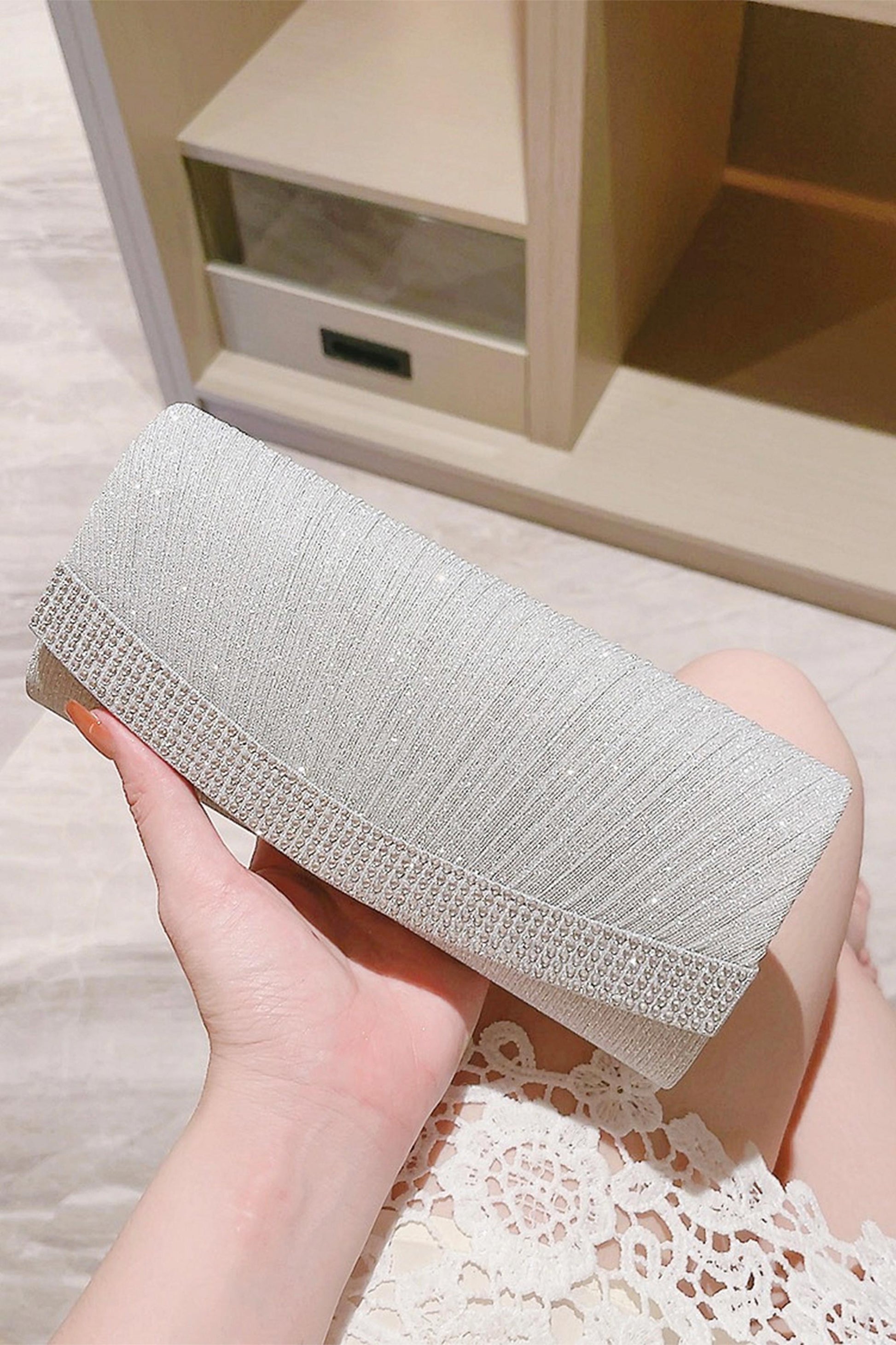 Shiny Silver Rhinestone Clutch Bag – DUNTERY