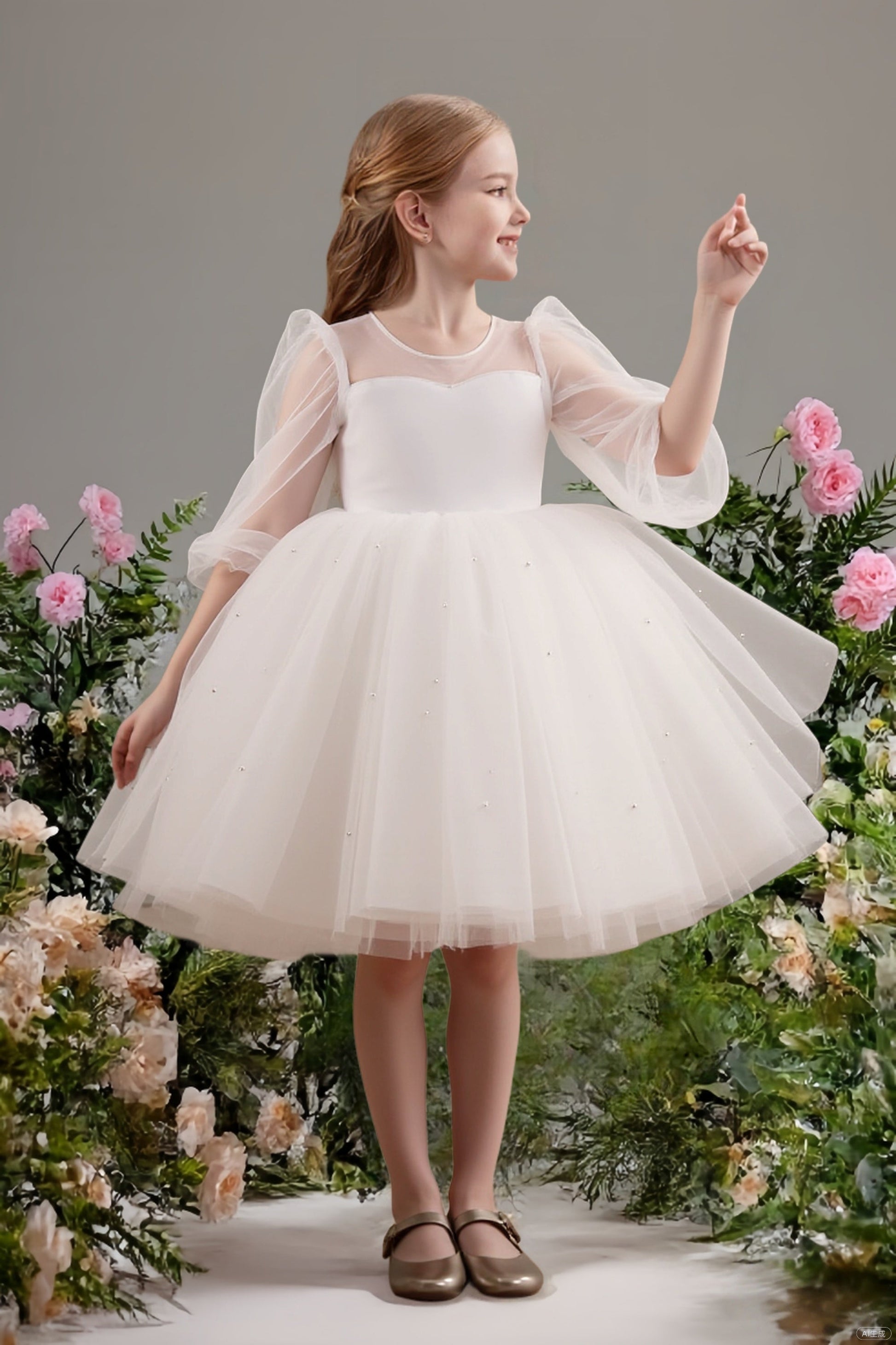 DUNTERY Half Sleeves Knee-Length Ball Gown Flower Girl Dress DUNTERY Half Sleeves Knee-Length Ball Gown Flower Girl Dress