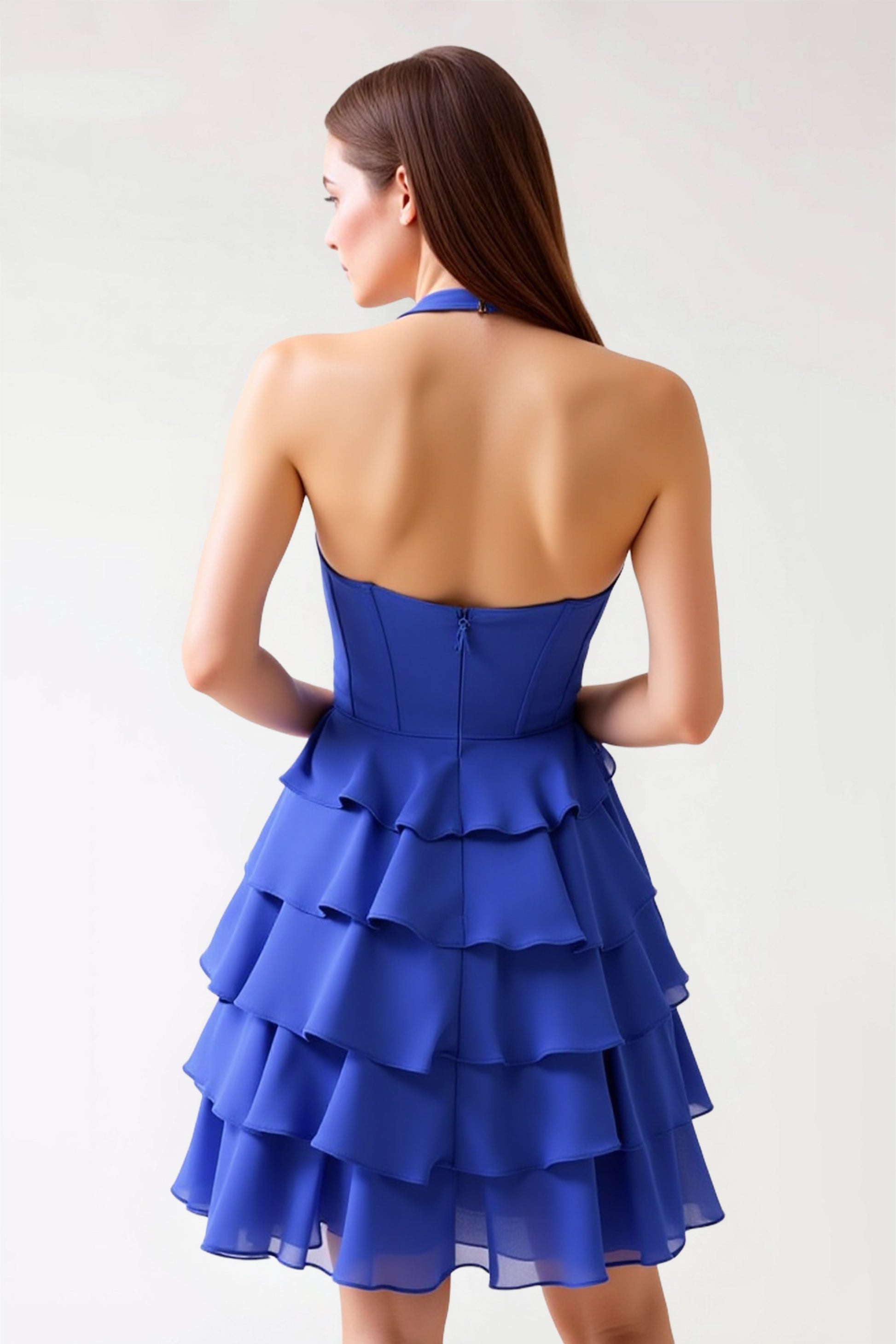 Duntery Halter V Neck Tiered Chiffon Short Dresses Duntery Halter V Neck Tiered Chiffon Short Dresses