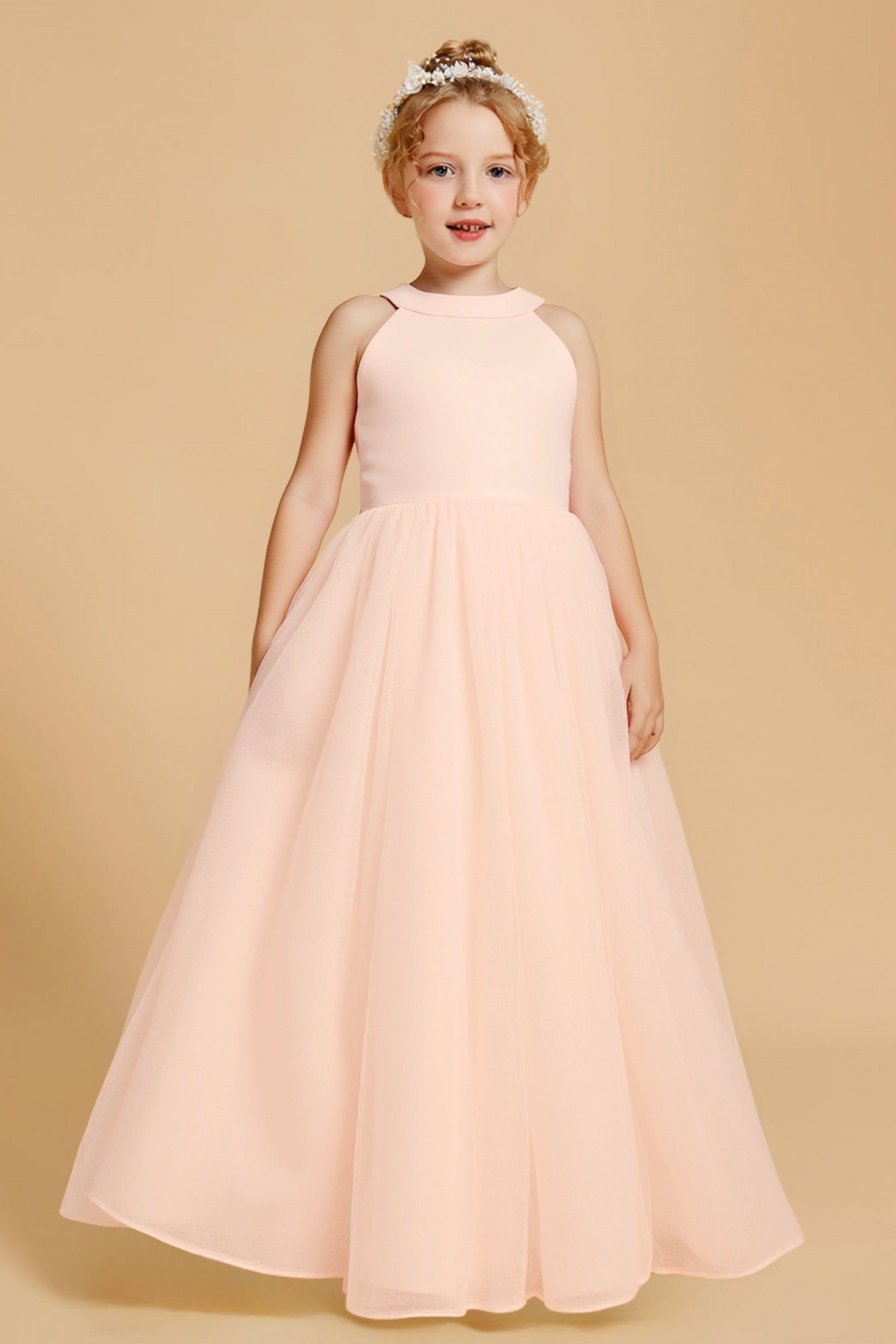 maxi flower girl dress pink Ibtom Castle Flower Girl Lace Dress for Kids Wedding Bridesmaid Pageant Party Formal Long Maxi Gown Princess Communion Tulle Bow Dresses 7-8 Years