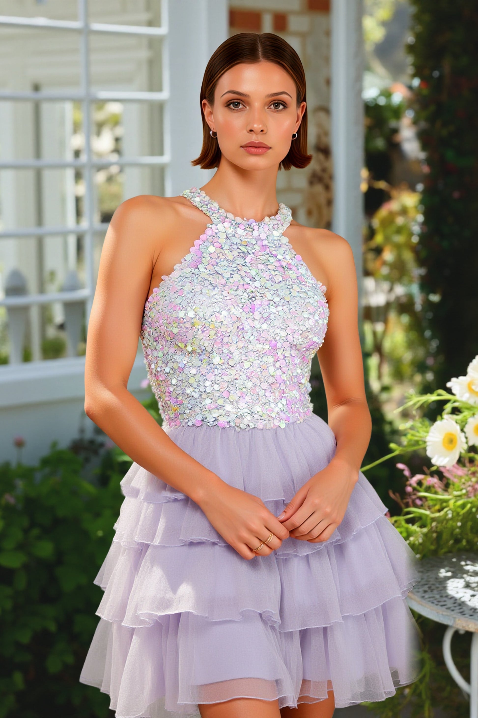 Duntery Halter Neckline Sequins Top Tiered Short Dresses Duntery Halter Neckline Sequins Top Tiered Short Dresses