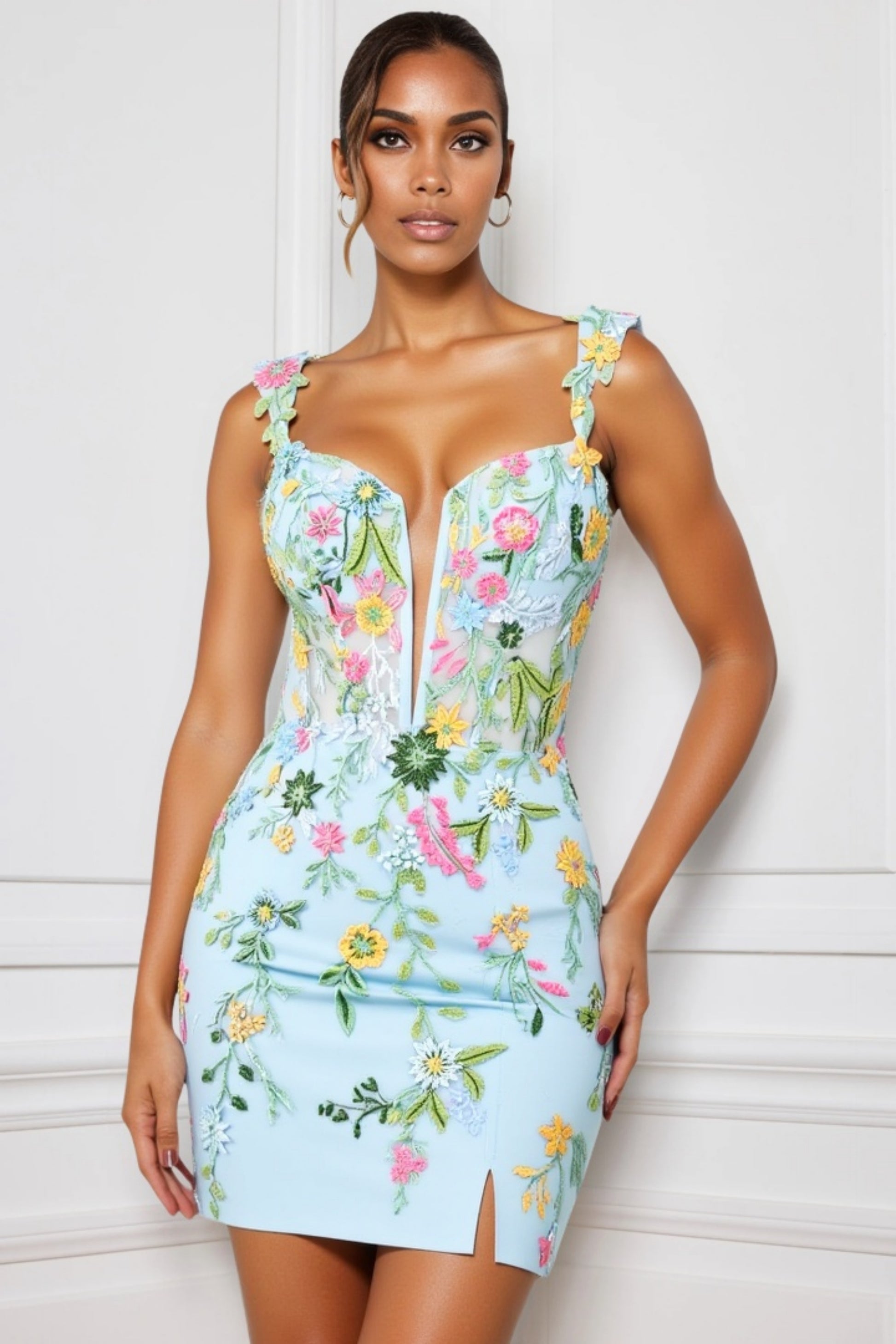 Flower Embroidered Bodycon Dresses With Slight Slit – DUNTERY