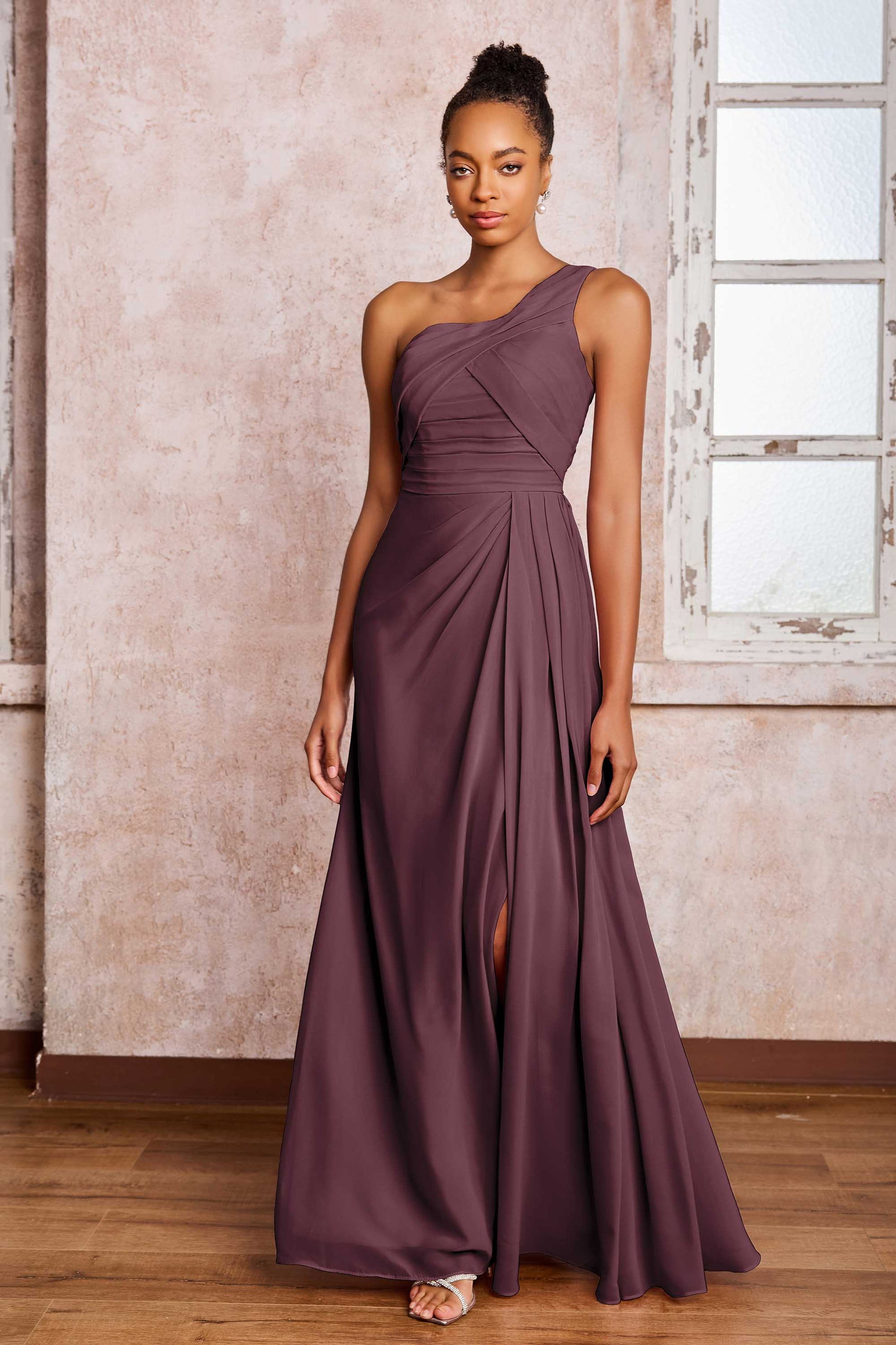 one shoulder pleated chiffon dress Wisteria Slit Pleated One Shoulder A-line Chiffon Bridesmaid Dress
