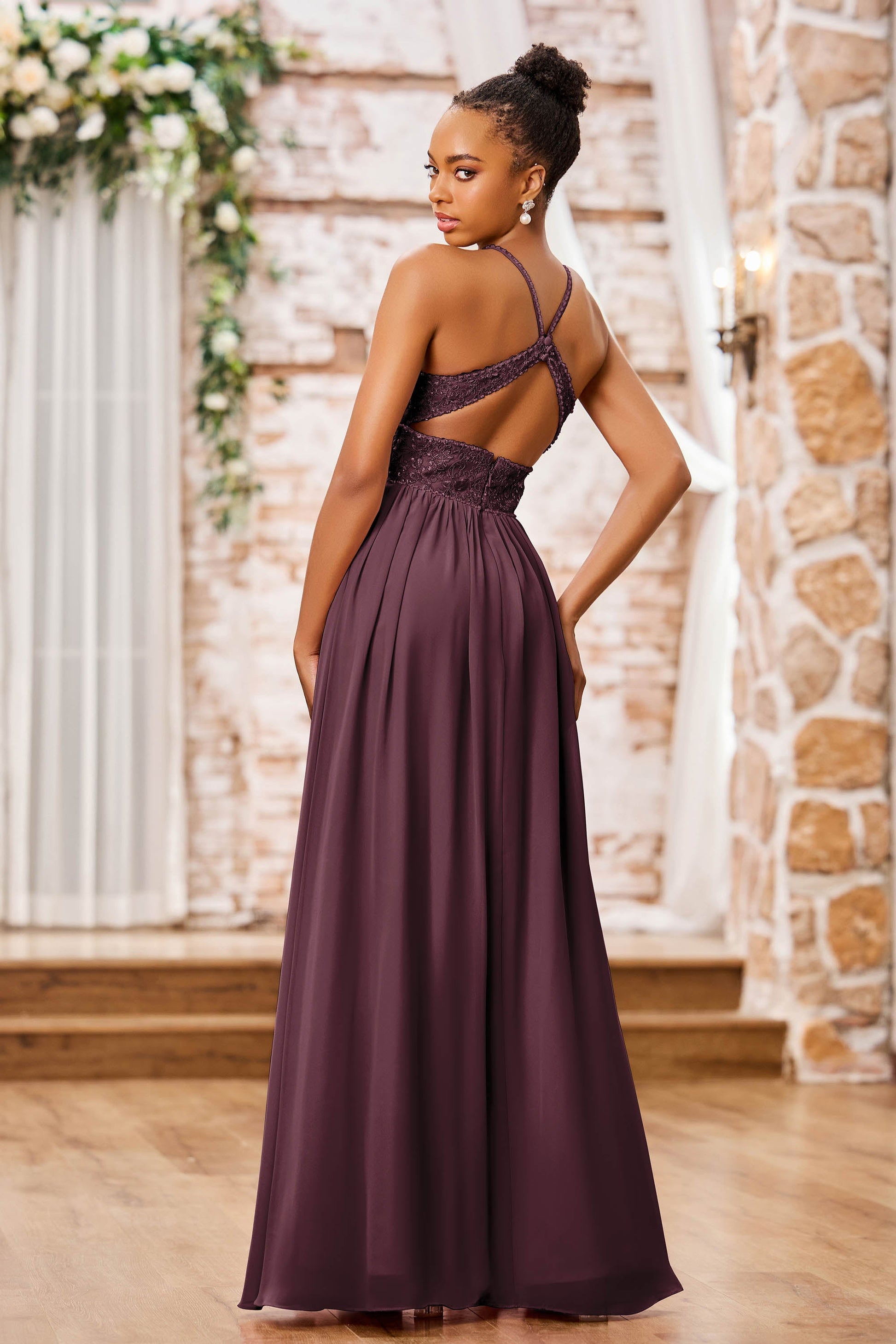 Duntery Spaghetti Straps V-neck Lace Bodice Chiffon Dresses, Azalea Duntery Spaghetti Straps V-neck Lace Bodice Chiffon Dresses, Azalea