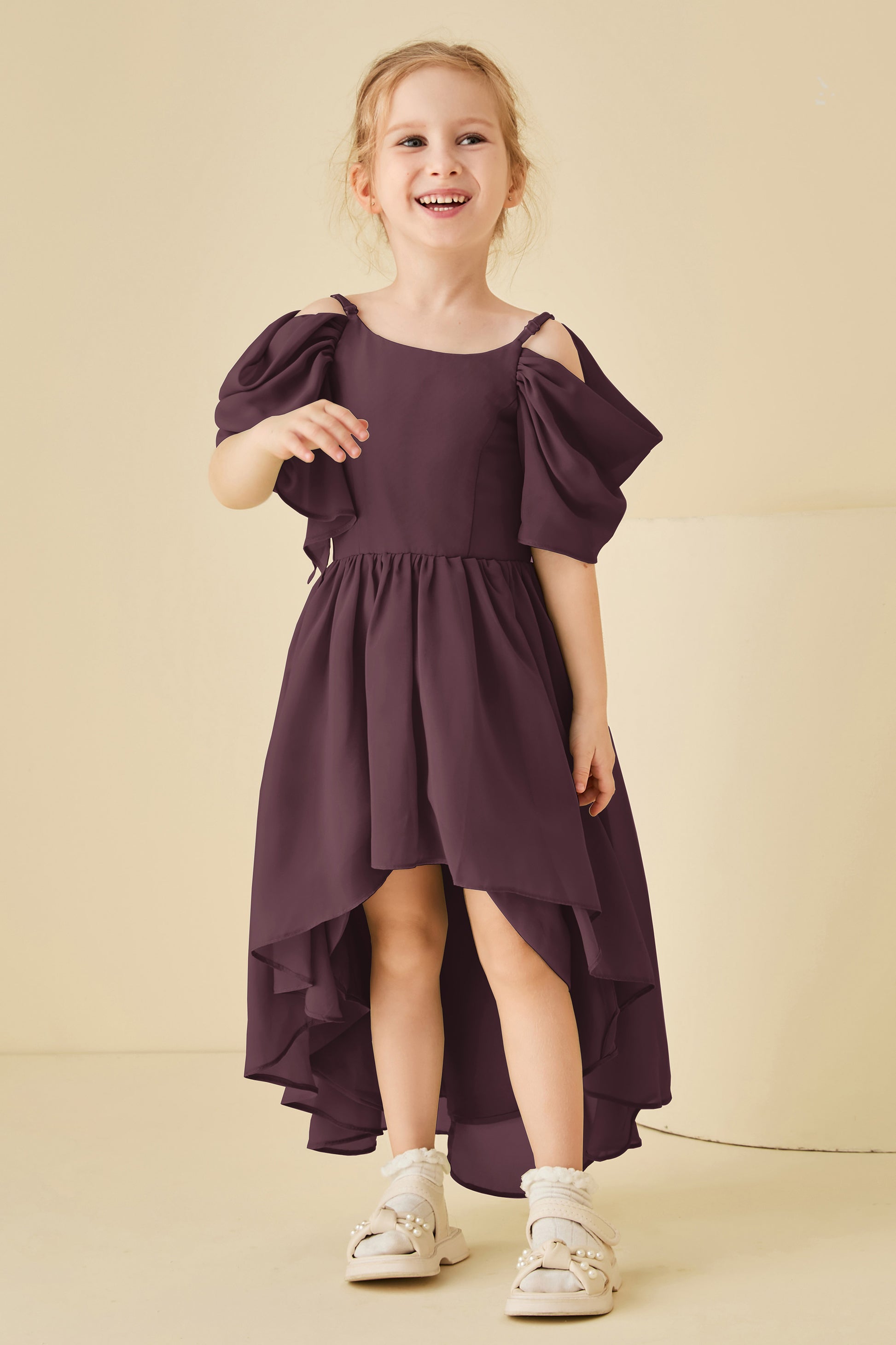 Duntery Asymmetrical Flutter Sleeves Junior Bridesmaid Dress, Steel-Grey Duntery Asymmetrical Flutter Sleeves Junior Bridesmaid Dress, Steel-Grey