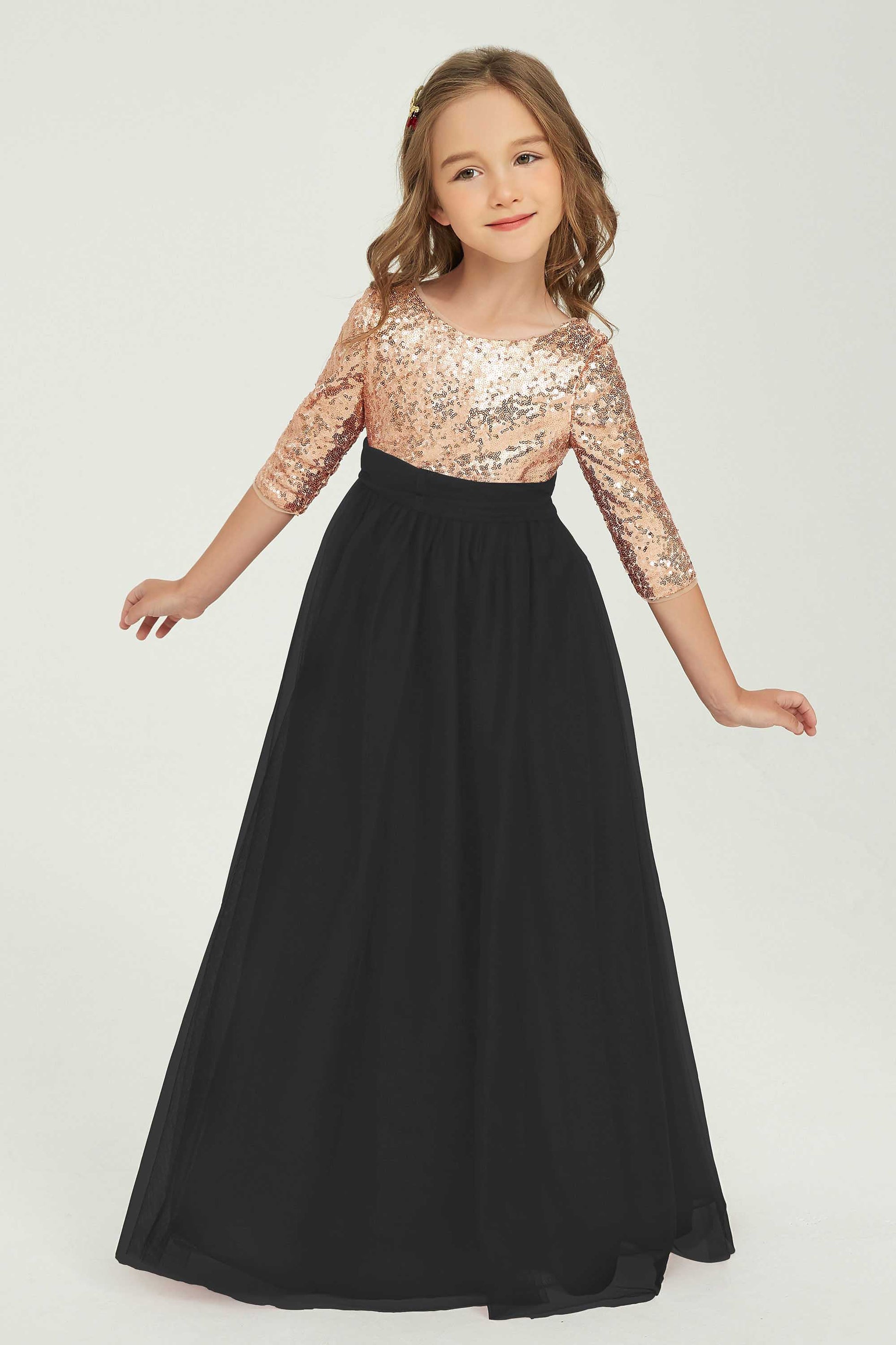 Long Tulle Junior Bridesmaid Dress Sequins Top Scoop 3/4 Sleeves – DUNTERY