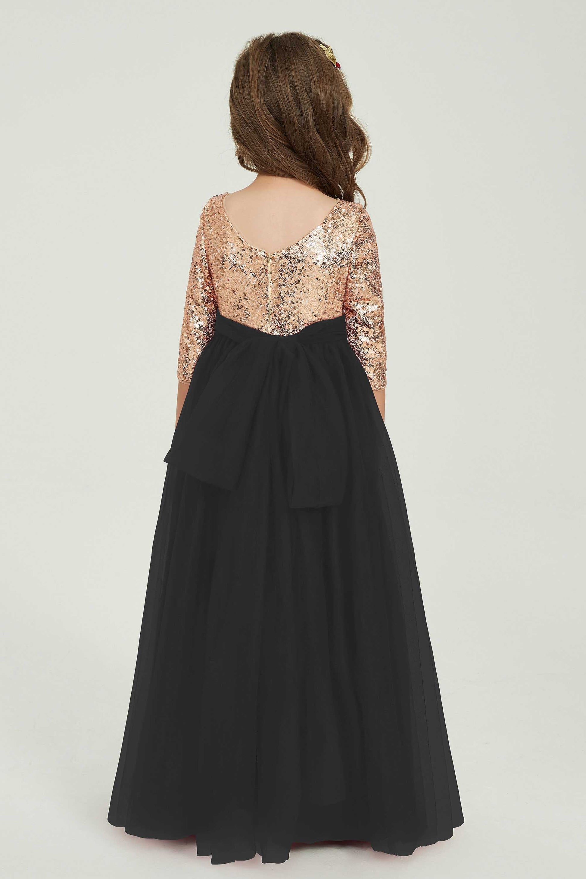 Long Tulle Junior Bridesmaid Dress Sequins Top Scoop 3/4 Sleeves – DUNTERY