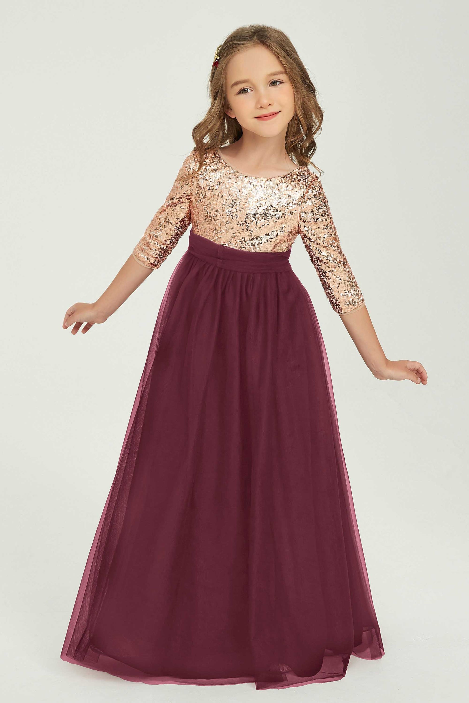 Duntery Long Tulle Junior Bridesmaid Dress Sequins Top Scoop 3/4 Sleeves, Cabernet Duntery Long Tulle Junior Bridesmaid Dress Sequins Top Scoop 3/4 Sleeves, Cabernet