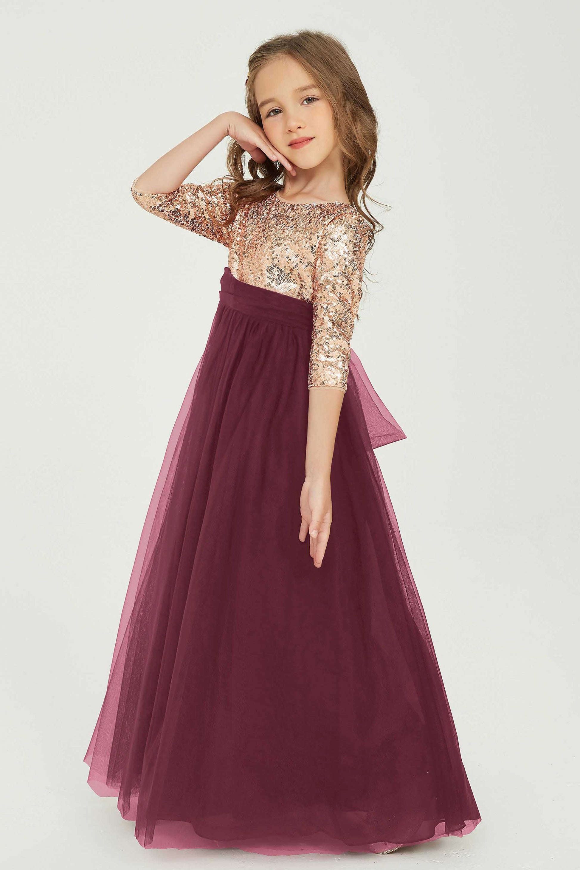 Duntery Long Tulle Junior Bridesmaid Dress Sequins Top Scoop 3/4 Sleeves, Cabernet Duntery Long Tulle Junior Bridesmaid Dress Sequins Top Scoop 3/4 Sleeves, Cabernet