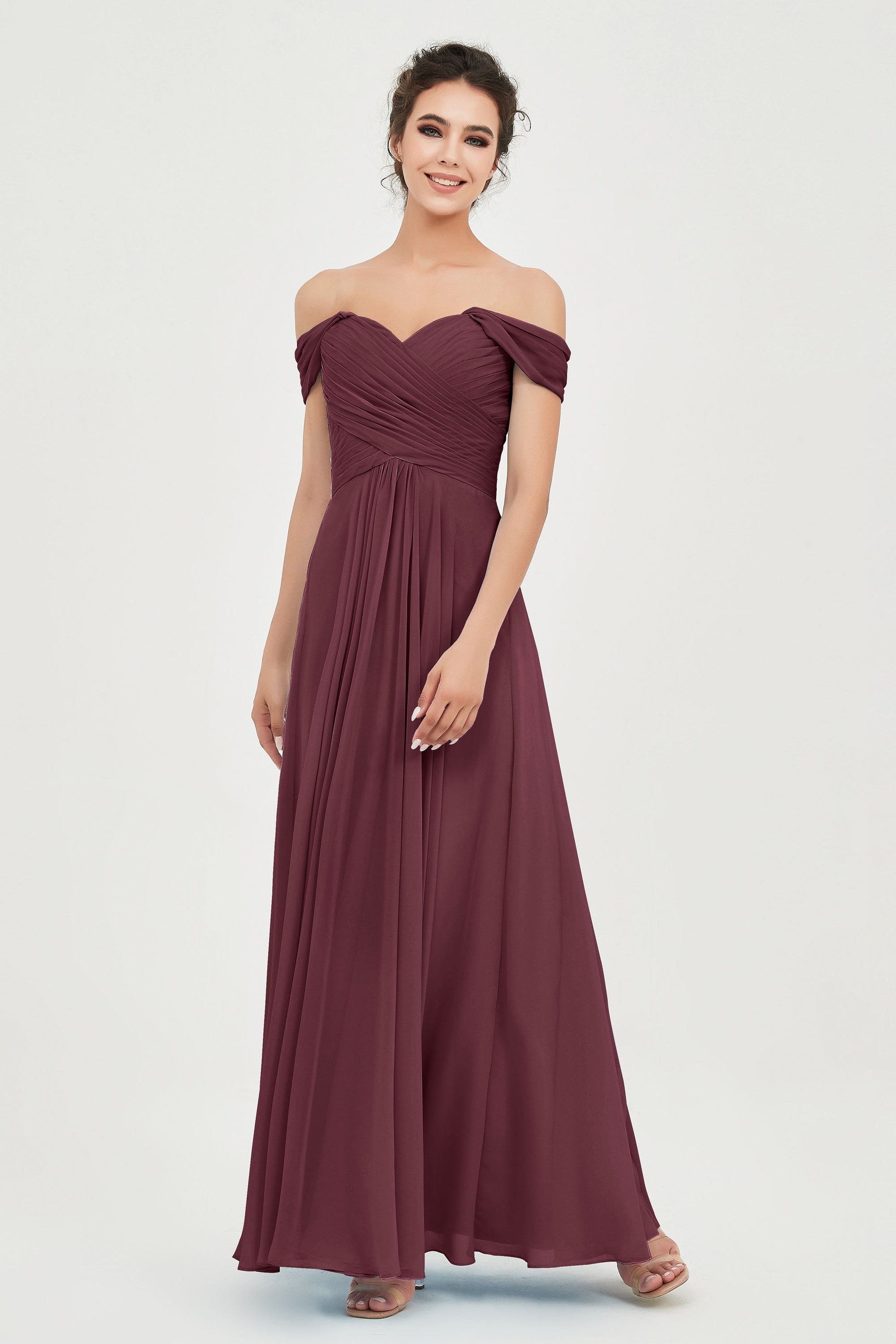 Duntery Off Shoulder Spaghetti Straps Chiffon Bridesmaid Dress, Mulberry Duntery Off Shoulder Spaghetti Straps Chiffon Bridesmaid Dress, Mulberry