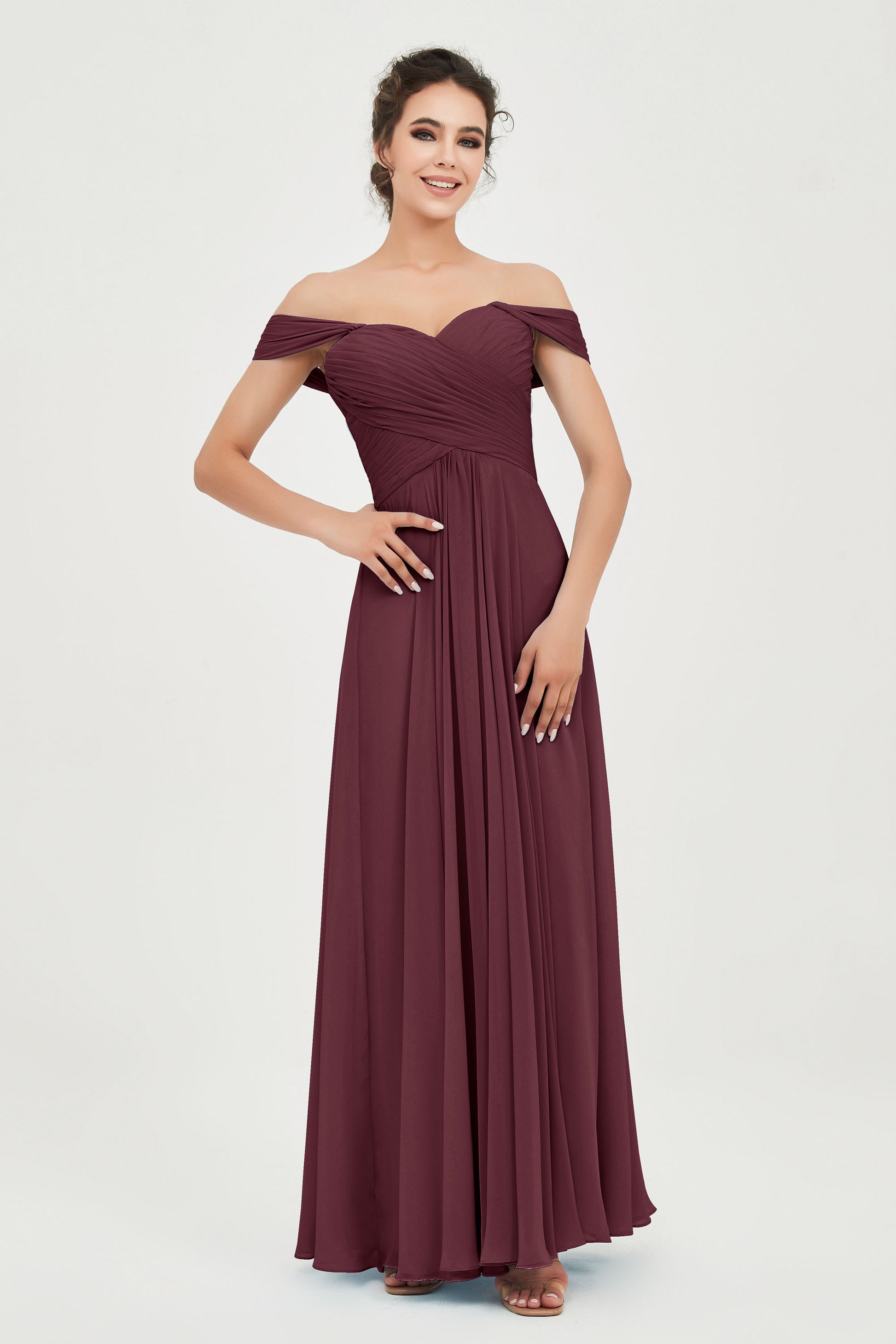 Duntery Off Shoulder Spaghetti Straps Chiffon Bridesmaid Dress, Mulberry Duntery Off Shoulder Spaghetti Straps Chiffon Bridesmaid Dress, Mulberry