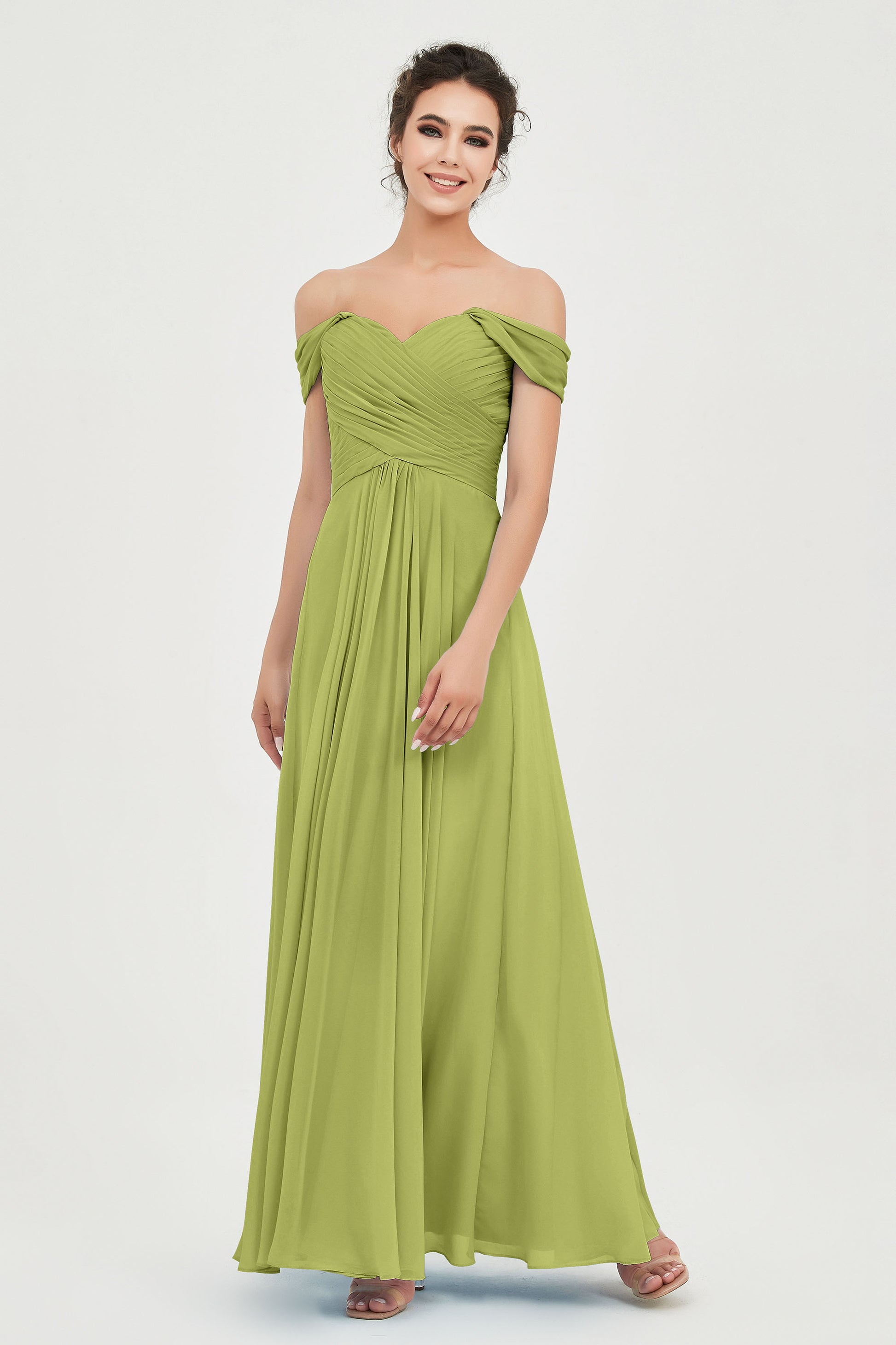 Duntery Off Shoulder Spaghetti Straps Chiffon Bridesmaid Dress, Clover Duntery Off Shoulder Spaghetti Straps Chiffon Bridesmaid Dress, Clover
