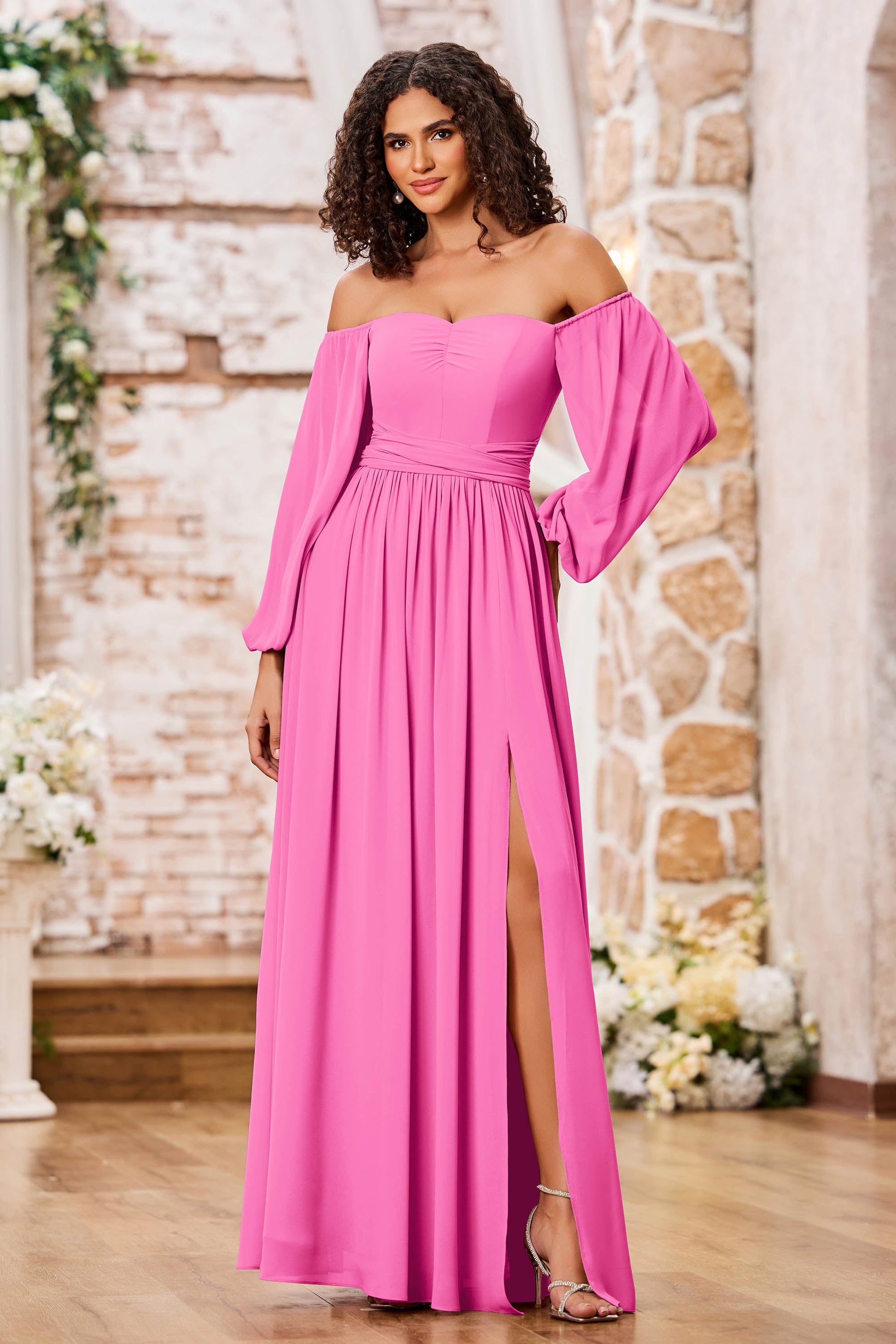 Duntery Off Shoulder Long Sleeves Chiffon Long Slit Dresses, Dusk