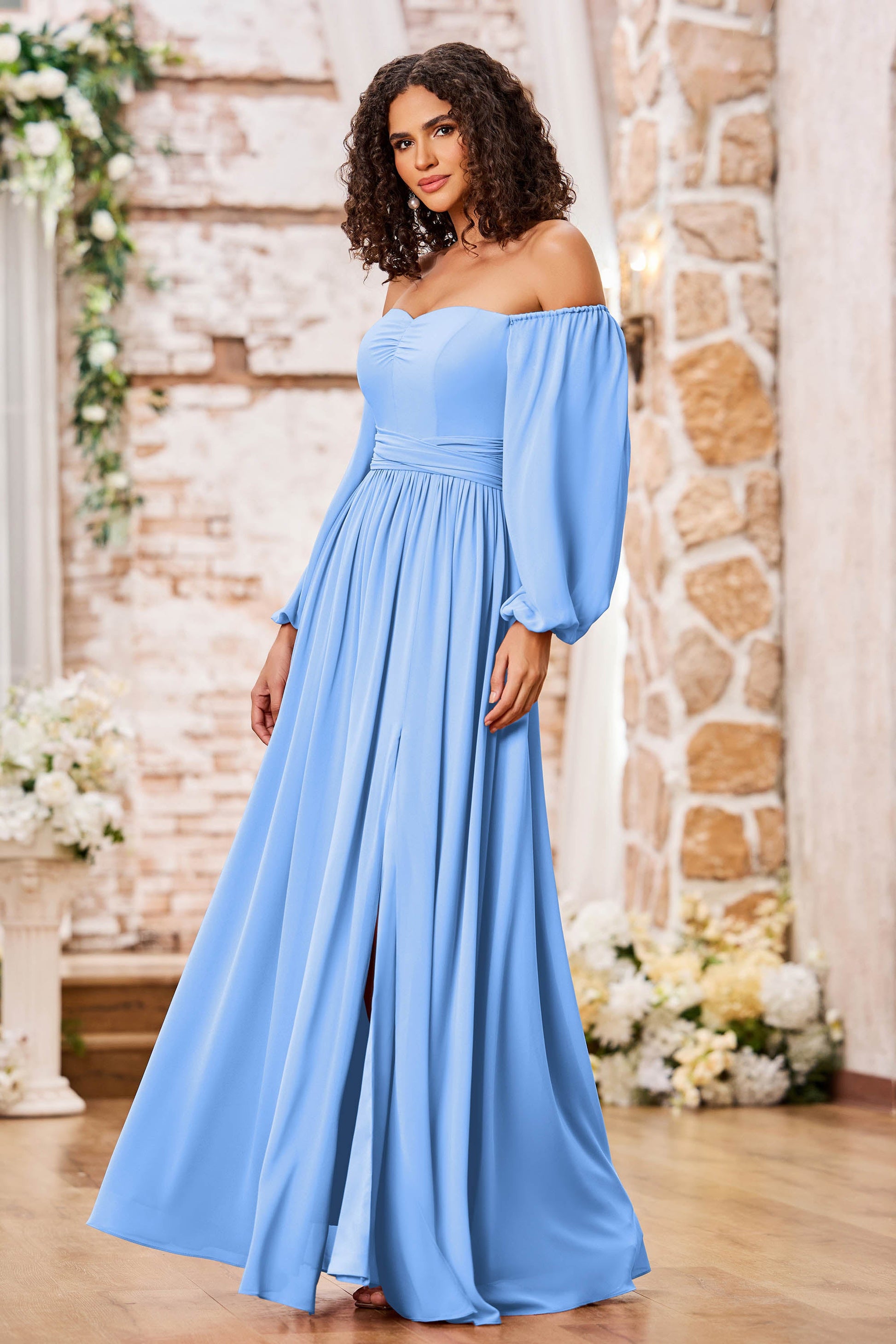 chiffon long dress Cinderella Divine Pleated Sleeve Gown Style #CD242 LA TOP DIVAS The chiffon fabric is sure to make you feel elegant Long Sleeve Chiffon Dress (CD0192)