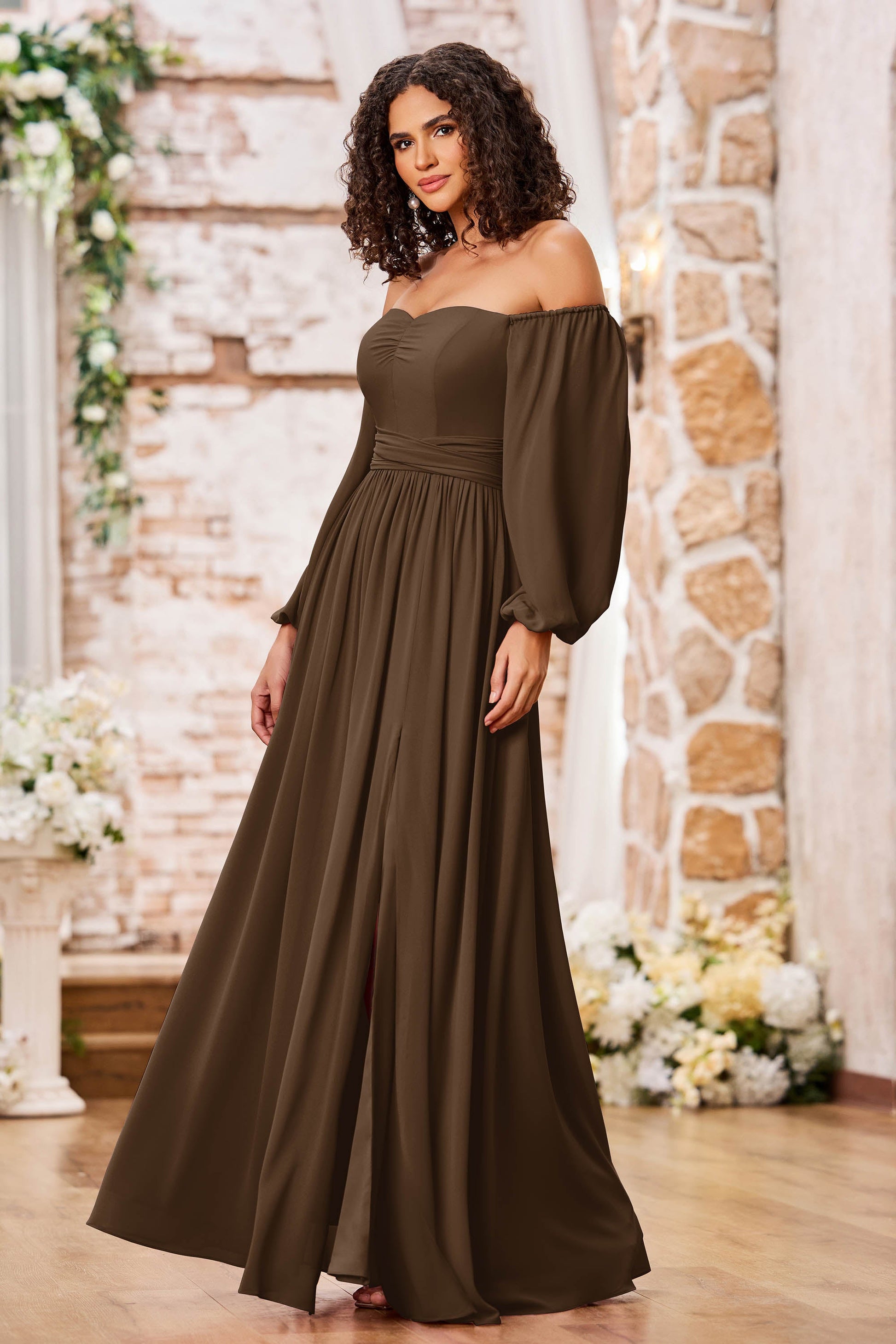 Long Sleeves Off Shoulder Chiffon Dresses With Slit – DUNTERY