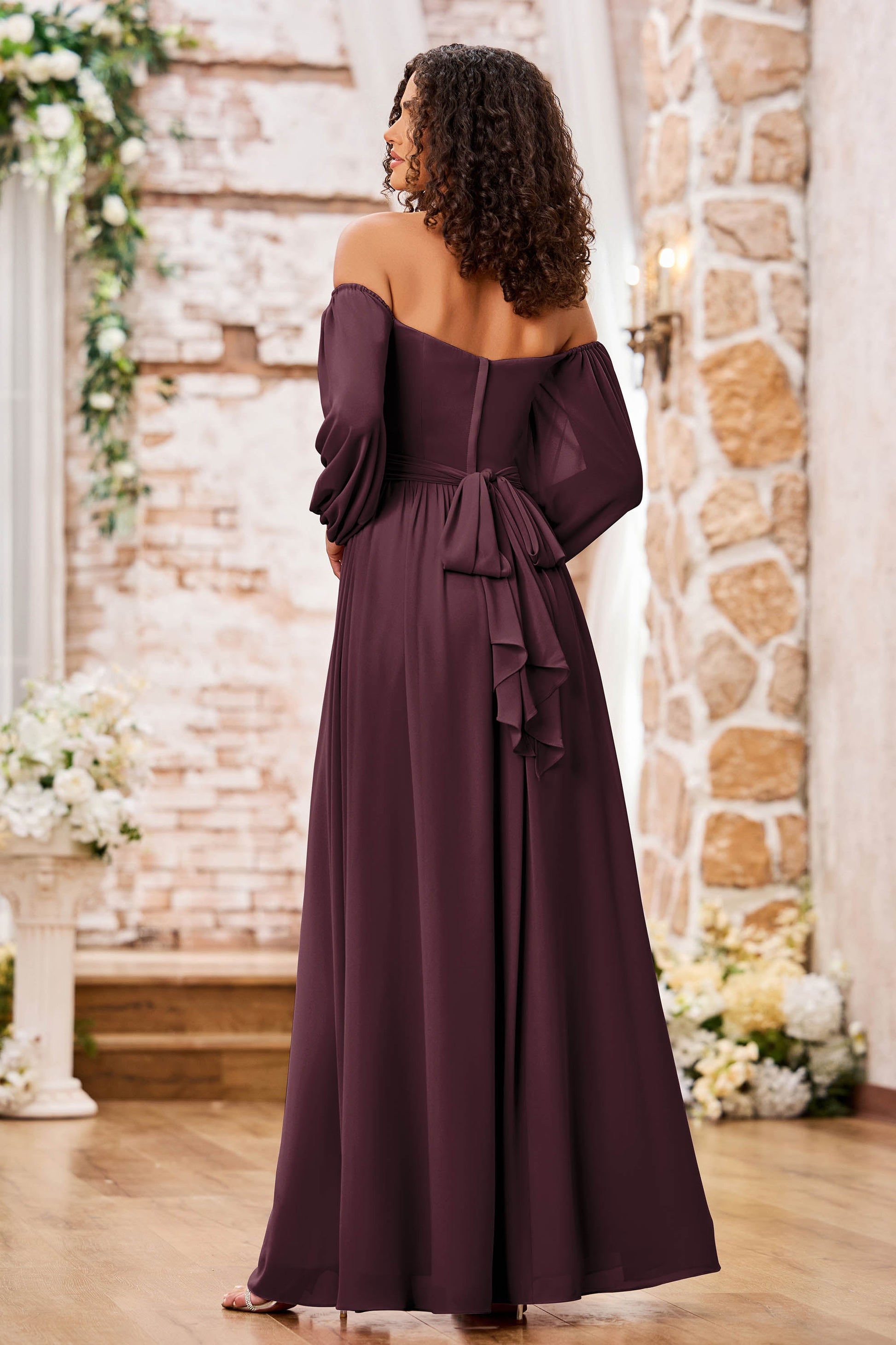 Duntery Bridesmaid Dress Long Sleeves Off Shoulder Chiffon Dress With Slit, Gold Duntery Bridesmaid Dress Long Sleeves Off Shoulder Chiffon Dress With Slit, Gold