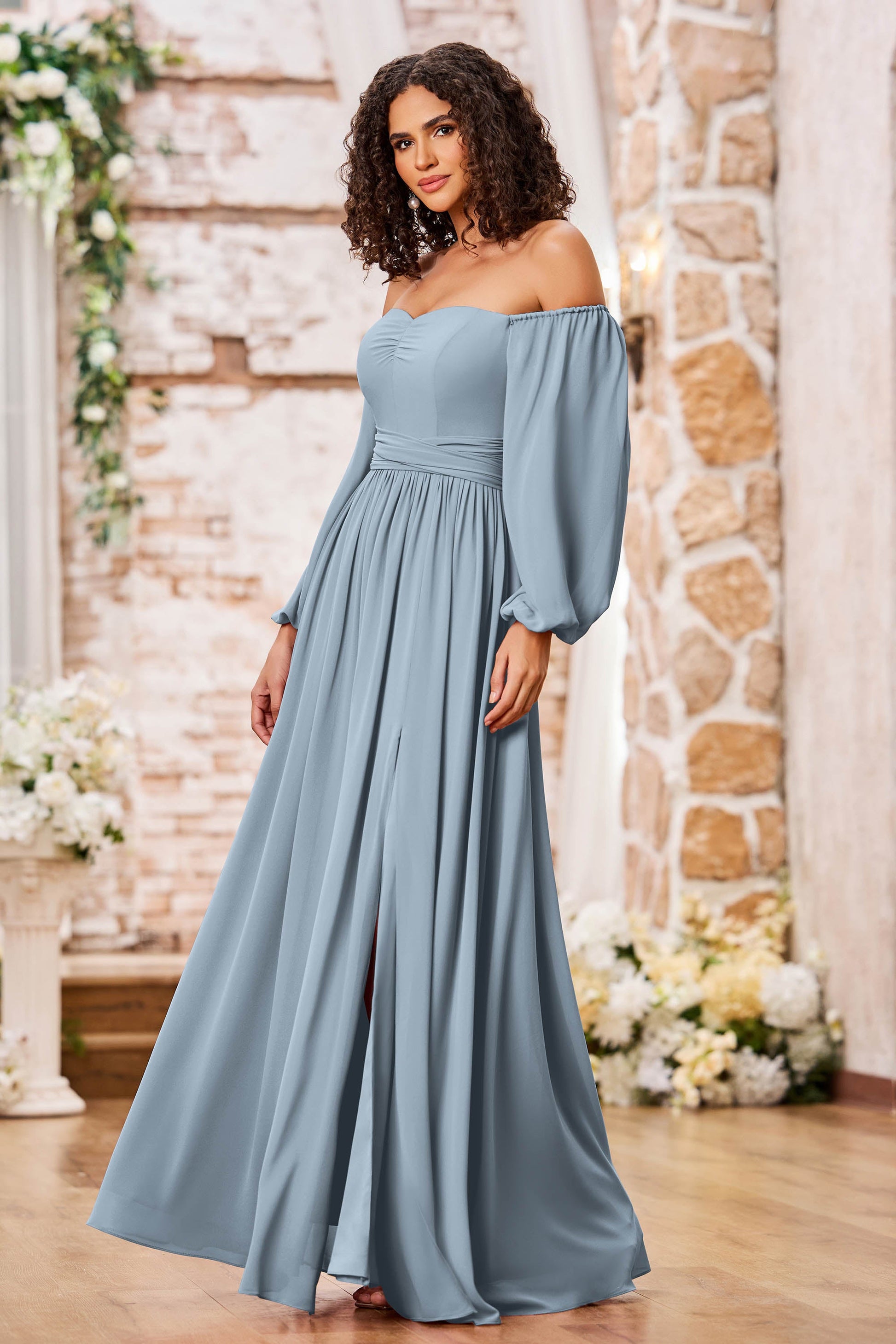Long Sleeves Off Shoulder Chiffon Dresses With Slit – DUNTERY Long Sleeves Off Shoulder Chiffon Dresses With Slit – DUNTERY
