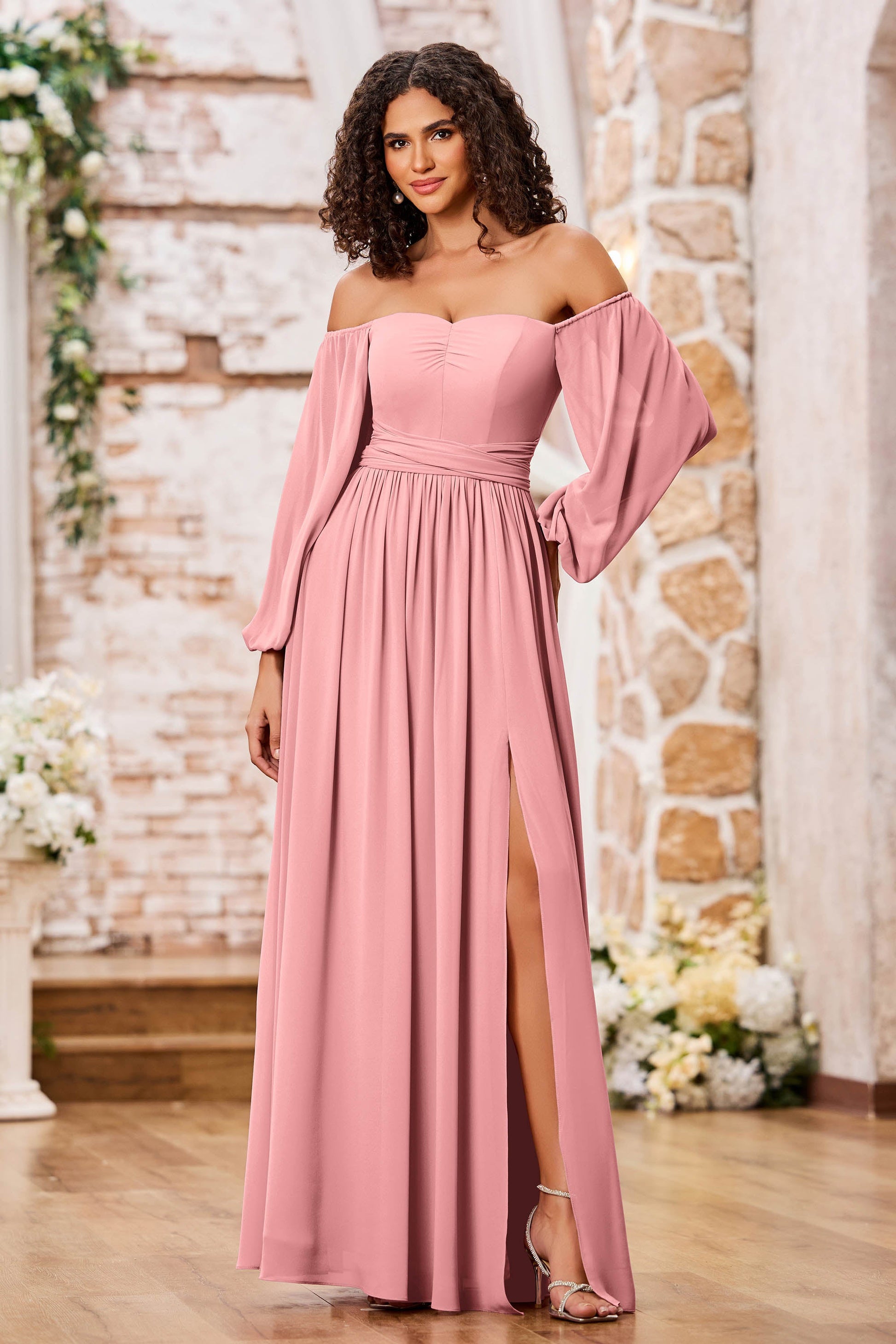Long Sleeves Off Shoulder Chiffon Dresses With Slit DUNTERY Long Sleeves Off Shoulder Chiffon Dresses With Slit DUNTERY