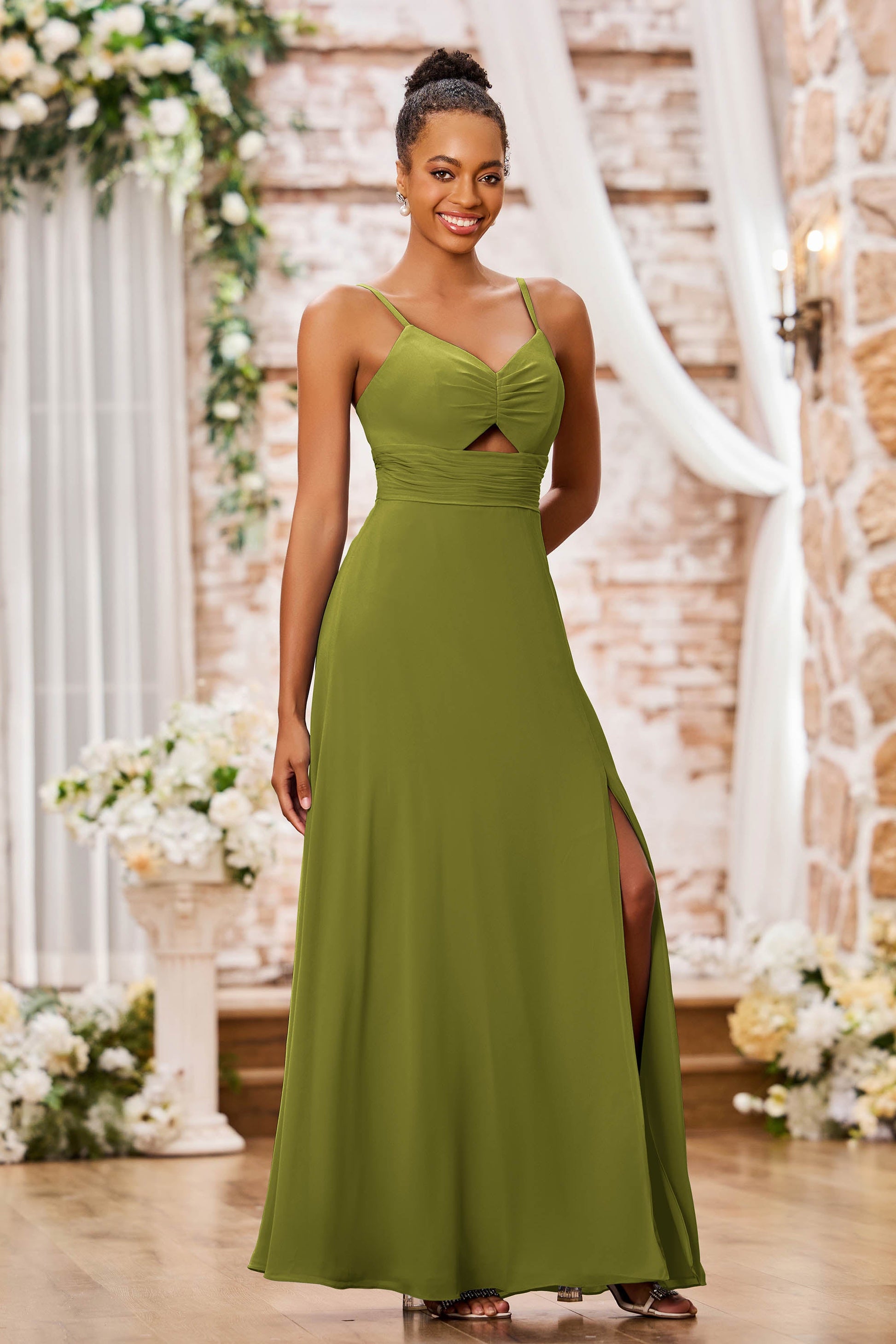 Duntery Spaghetti Straps V-neck Chiffon Maxi Dresses With Slit Sage