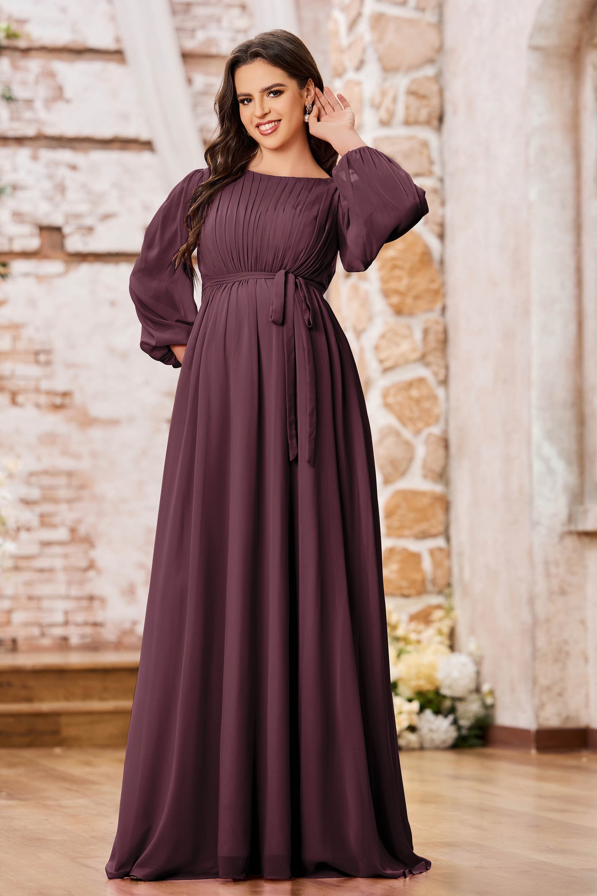 Duntery Pleated Long Sleeves Empire Chiffon Maxi Dresses Ink-Blue