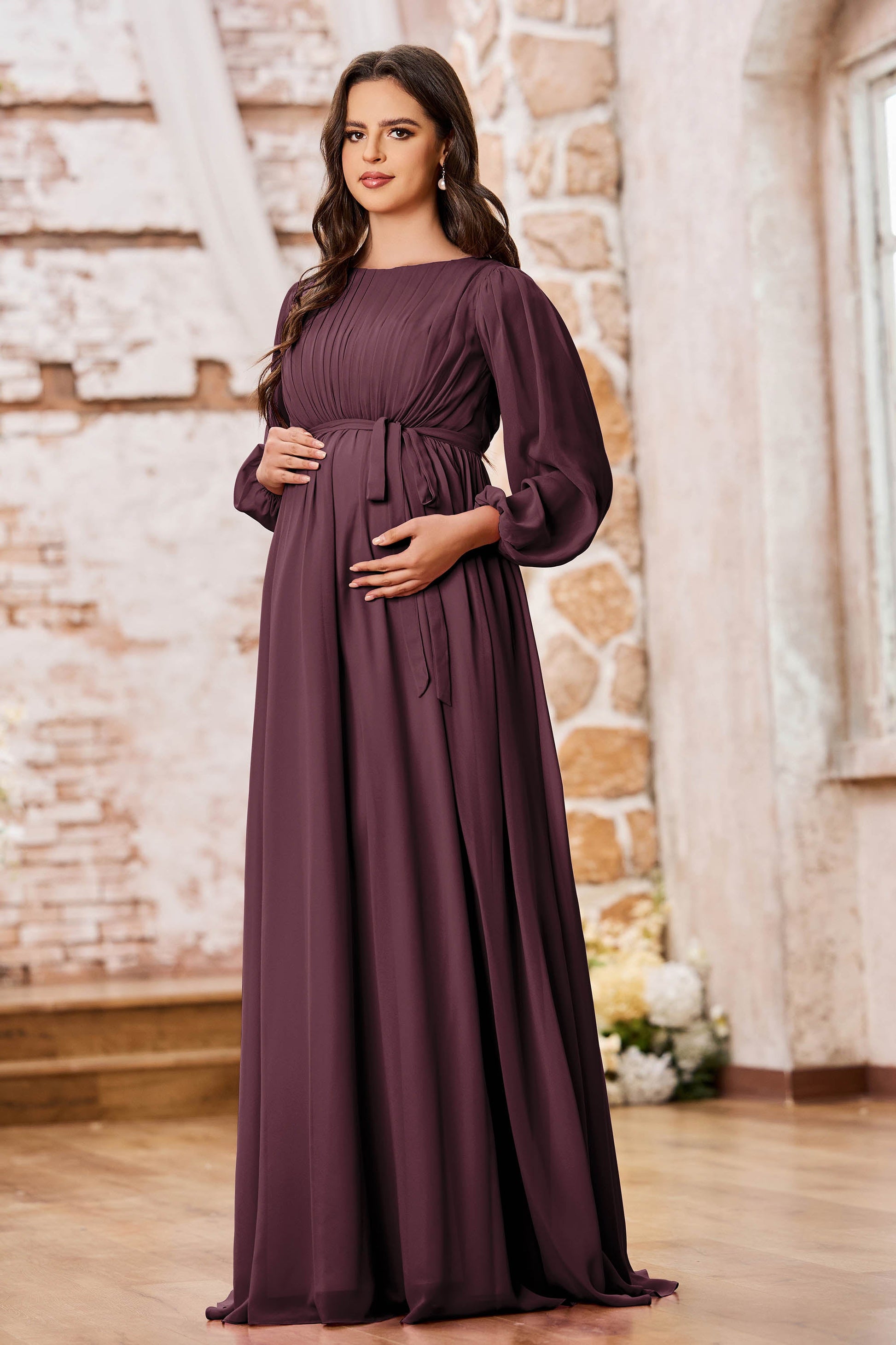 Duntery Bridesmaid Dress Pleated Long Sleeves Empire Chiffon Maxi Dress, Black Duntery Bridesmaid Dress Pleated Long Sleeves Empire Chiffon Maxi Dress, Black