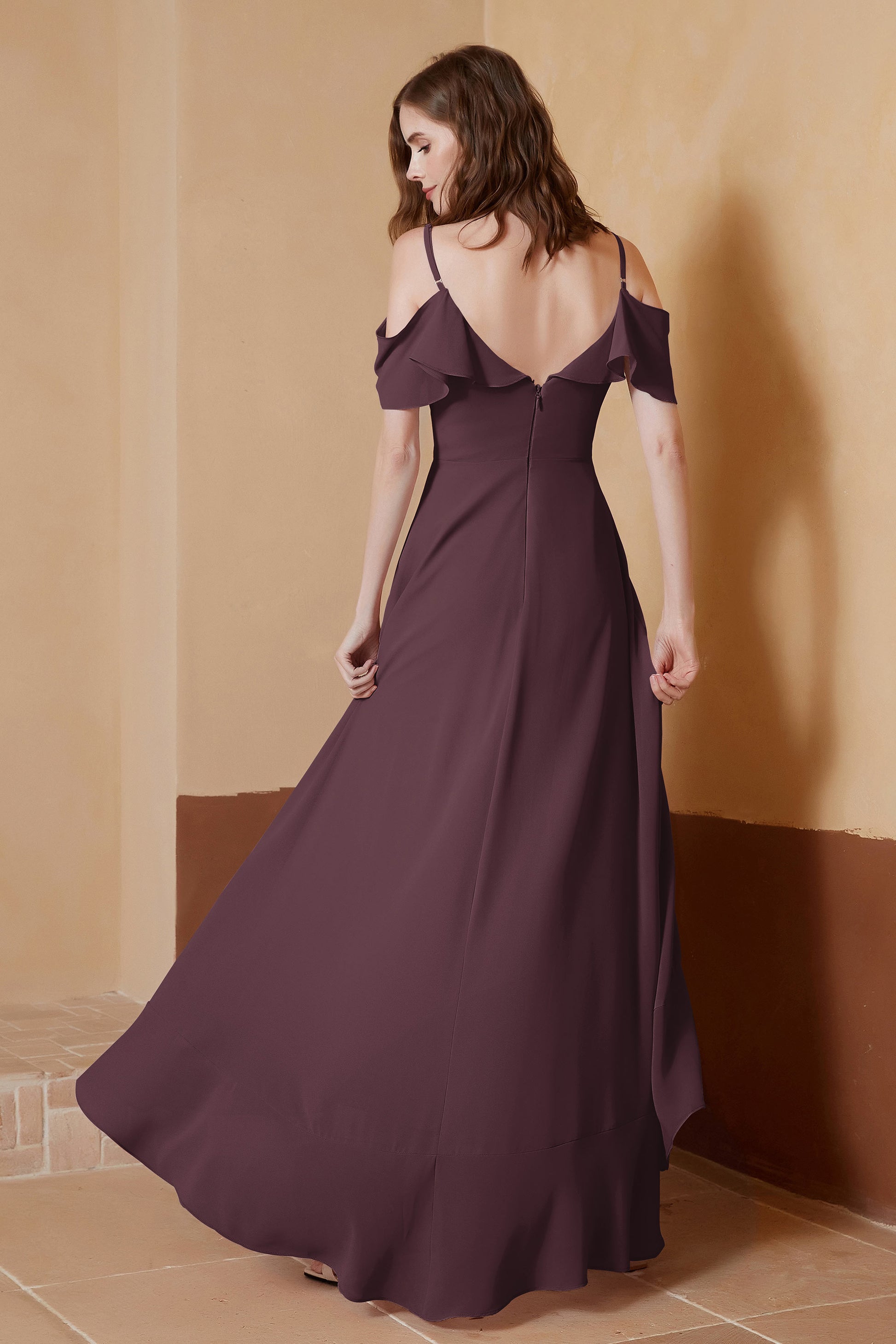 Duntery V-Neck Flutter Sleeves Ruffles A-Line Chiffon Asymmetrical Dress, Cabernet Duntery V-Neck Flutter Sleeves Ruffles A-Line Chiffon Asymmetrical Dress, Cabernet