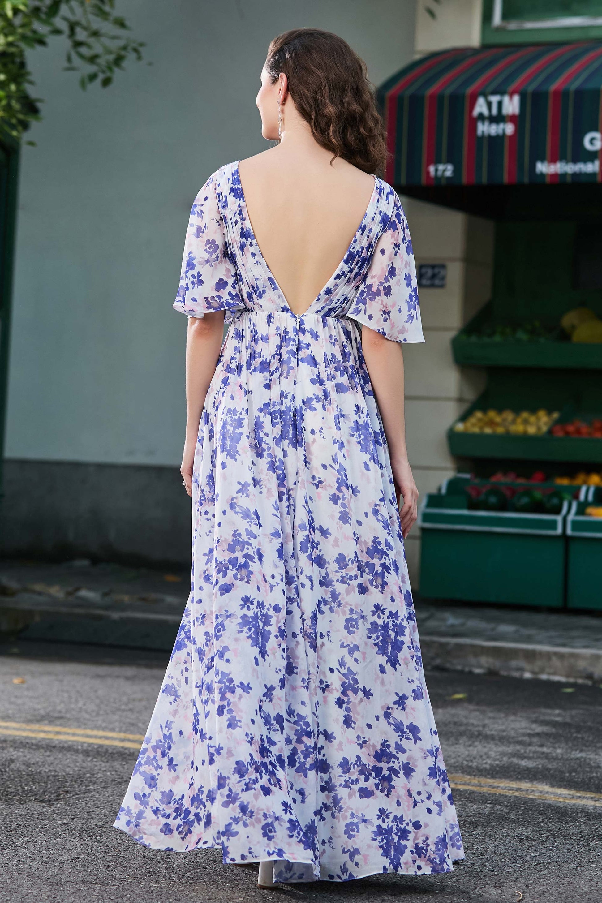 Duntery V-neck Flutter Sleeves Floral Chiffon Dress Duntery V-neck Flutter Sleeves Floral Chiffon Dress