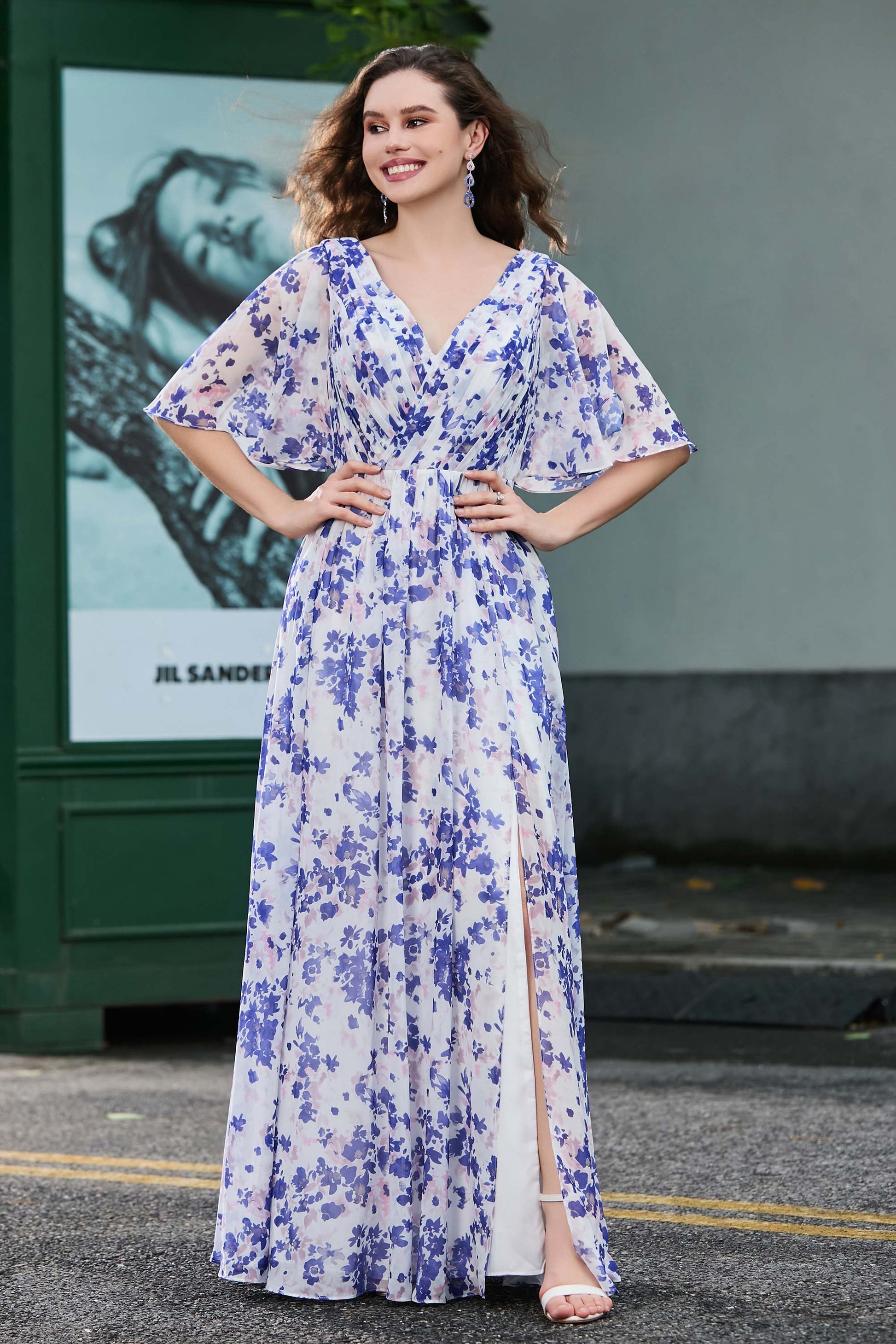 bhldn asha flutter sleeve v neck chiffon maxi dress Amelia Deep-V Flutter-Sleeve Satin A-Line Gown The flutter sleeve design is unique BHLDN Sleeveless V-Neck Pleated Chiffon