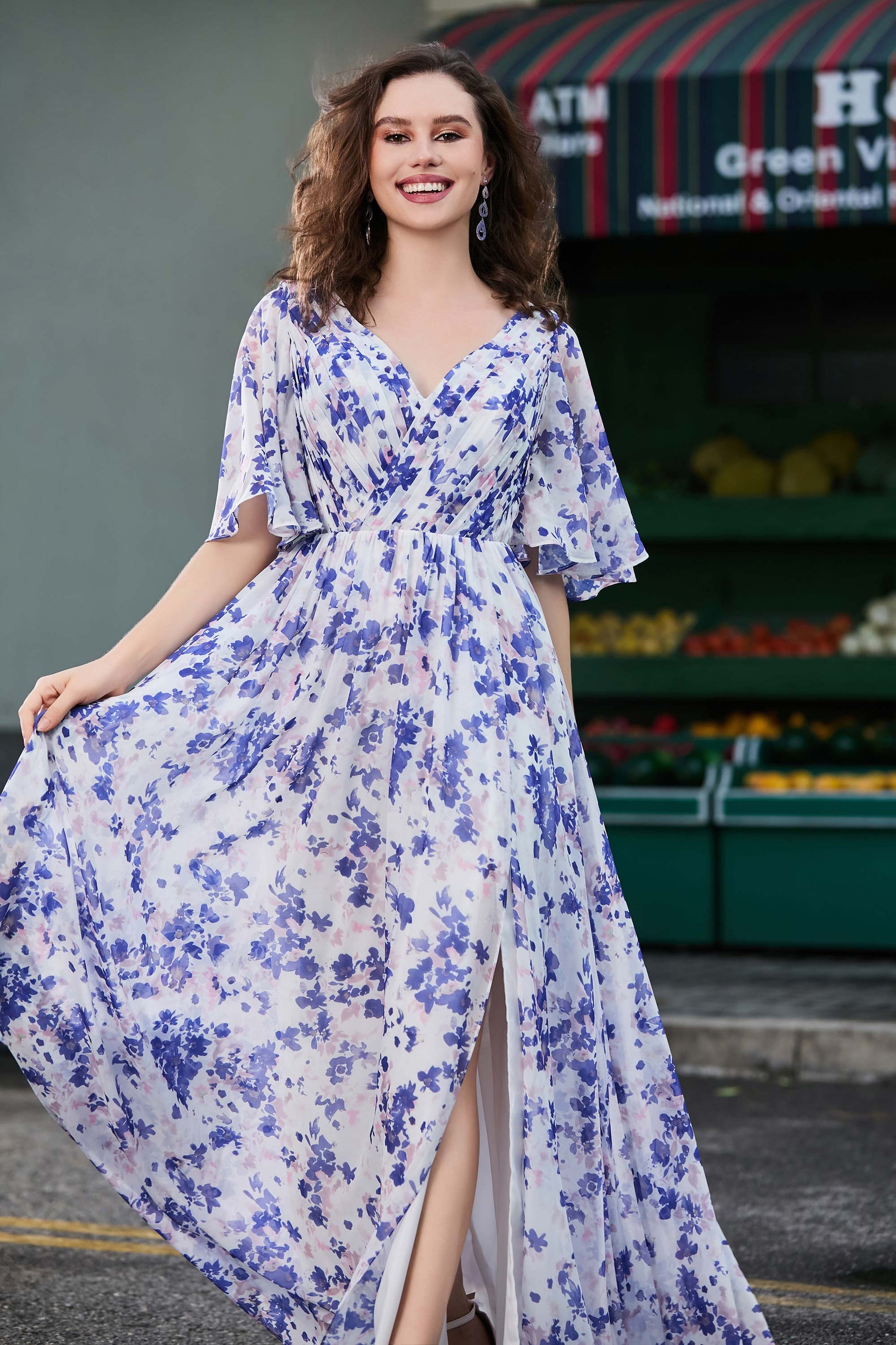 bhldn flutter-sleeve v-neck floral chiffon a-line maxi dress BHLDN Flutter-Sleeve V-Neck Floral Chiffon A-Line Maxi Dress