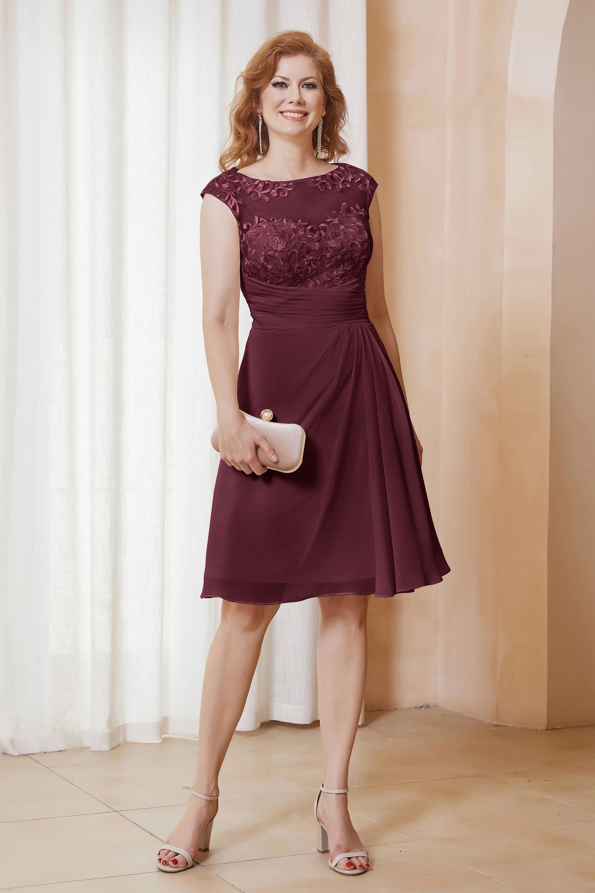Duntery Illusion Neck Lace Knee-Length Chiffon Dress, Lavender Duntery Illusion Neck Lace Knee-Length Chiffon Dress, Lavender